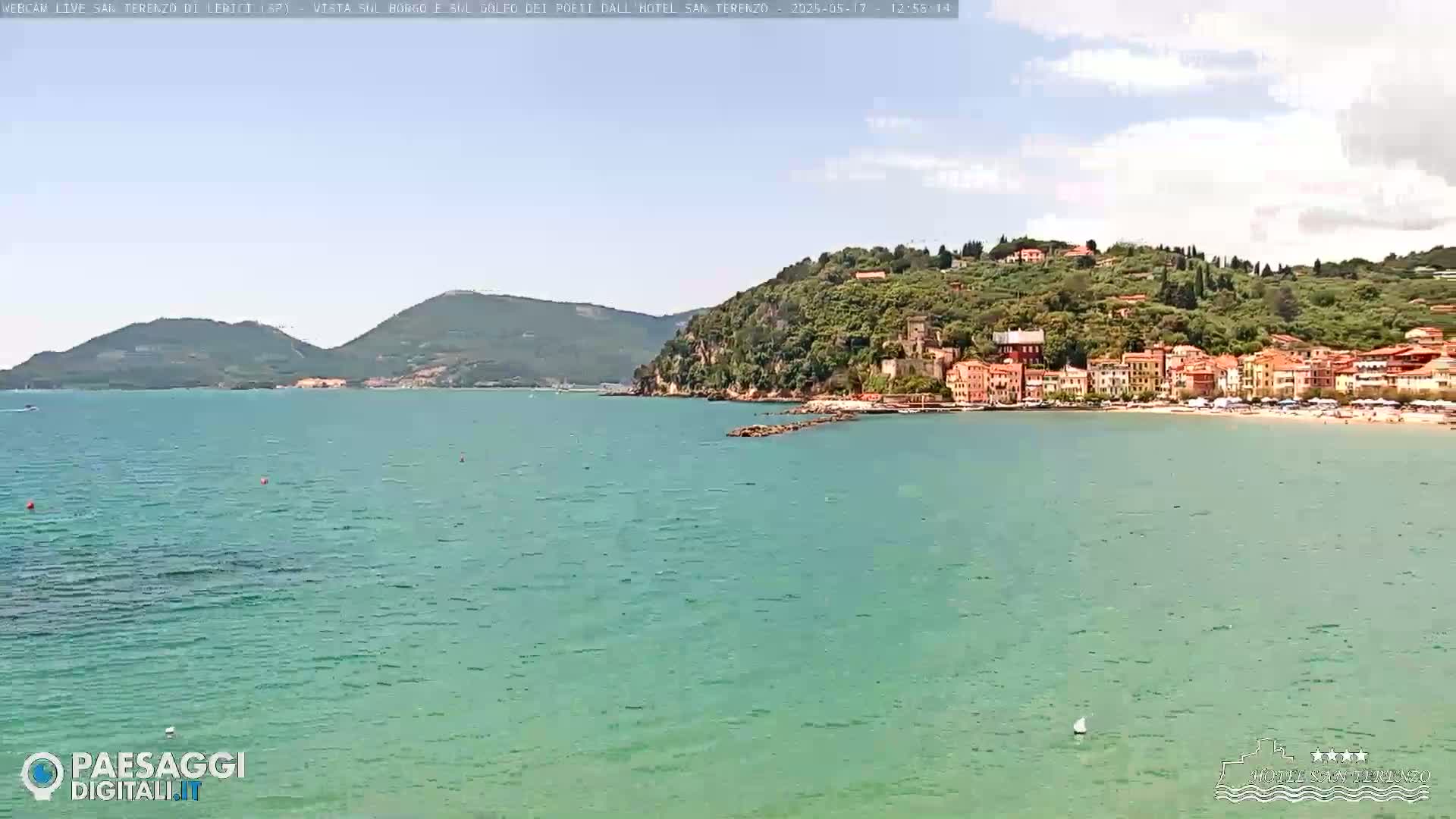 A picturesque coastal town nestled on a verdant hillside overlooks a calm, teal sea under a mostly clear sky.