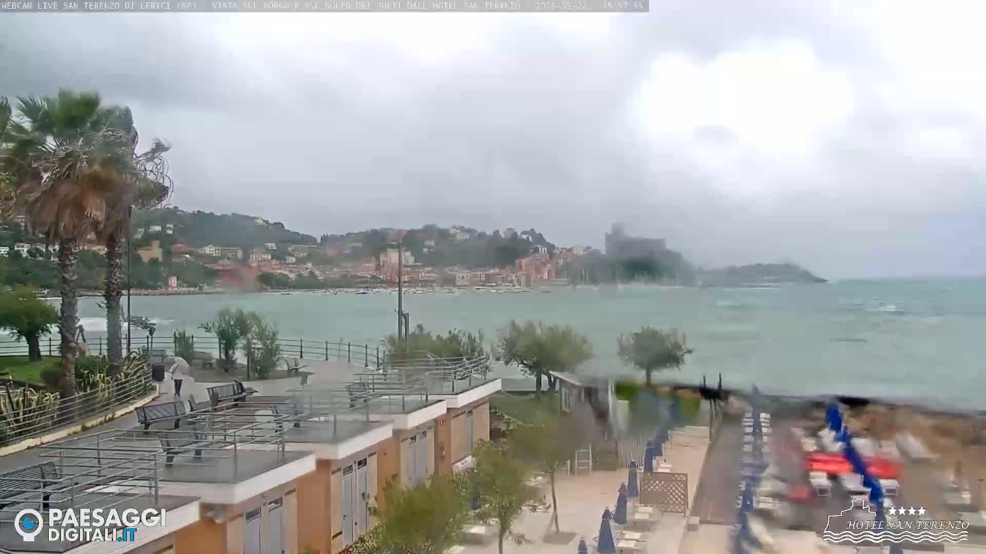 A windy, overcast day at a seaside resort shows a choppy sea, palm trees bending in the breeze, and a coastal town in the distance.