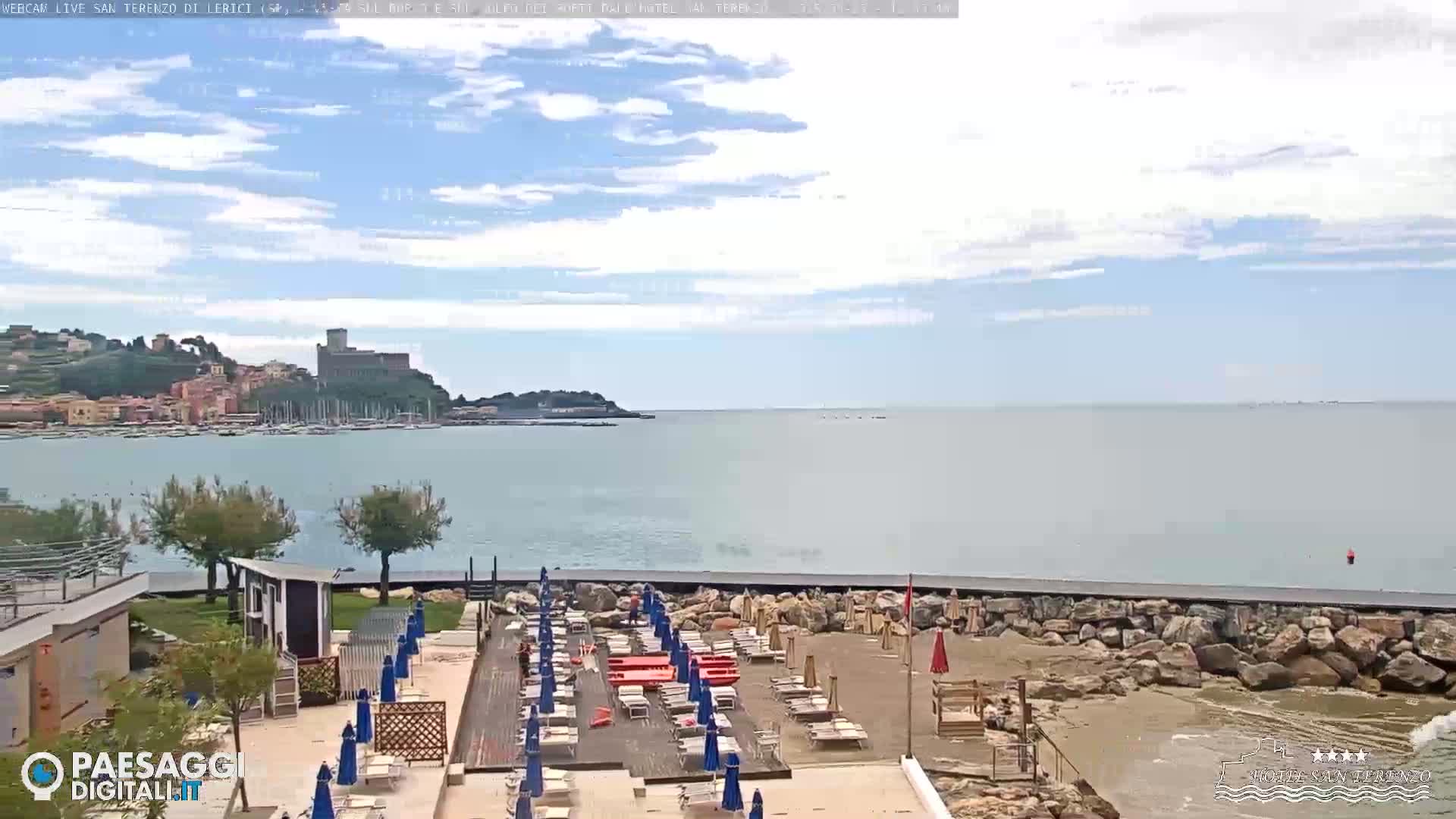 A partly cloudy day overlooking a calm sea with a sandy beach, rocky seawall, and rows of beach umbrellas and lounge chairs.