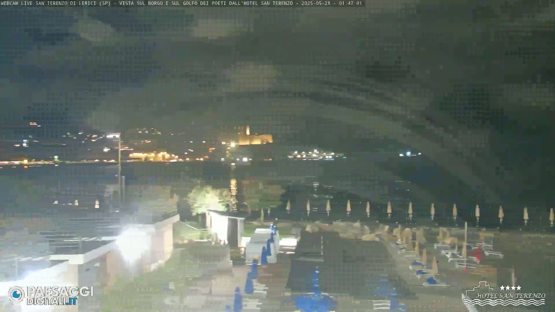 A nighttime view of a coastline with a town in the distance, under a mostly clear sky.