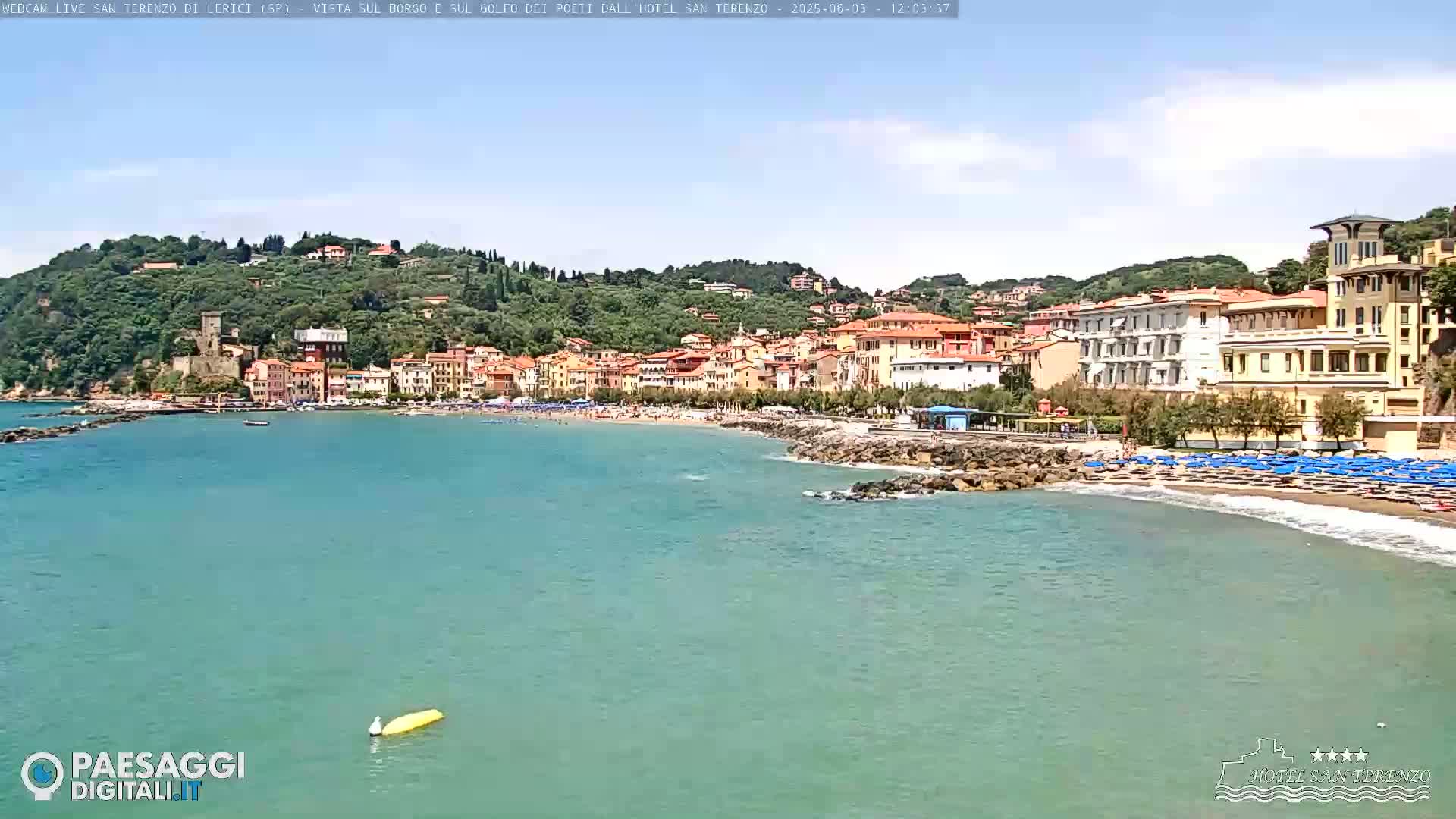 A coastal town with colorful buildings sits on a hillside overlooking a sandy beach and calm, turquoise water under a partly cloudy sky.