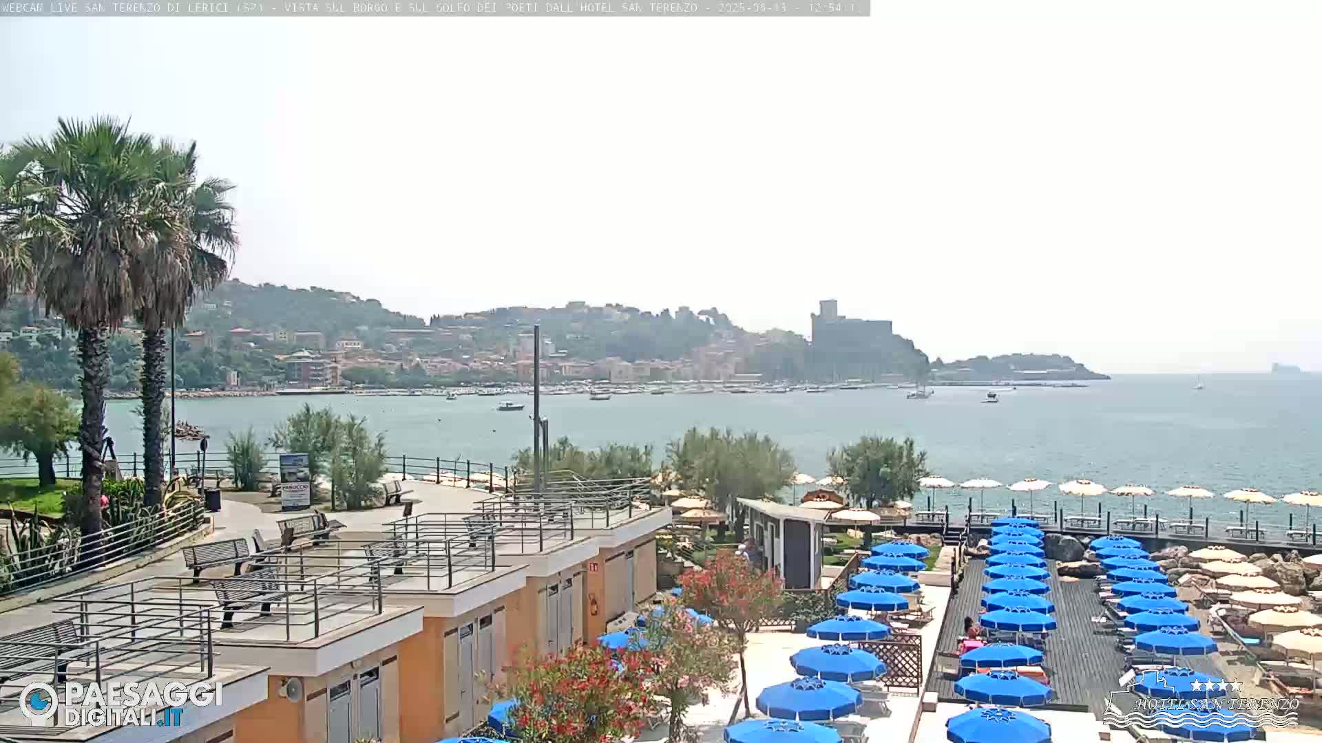 A hazy sunny day overlooking a calm bay with a town and castle in the distance, viewed from a beachside resort with many blue umbrellas.
