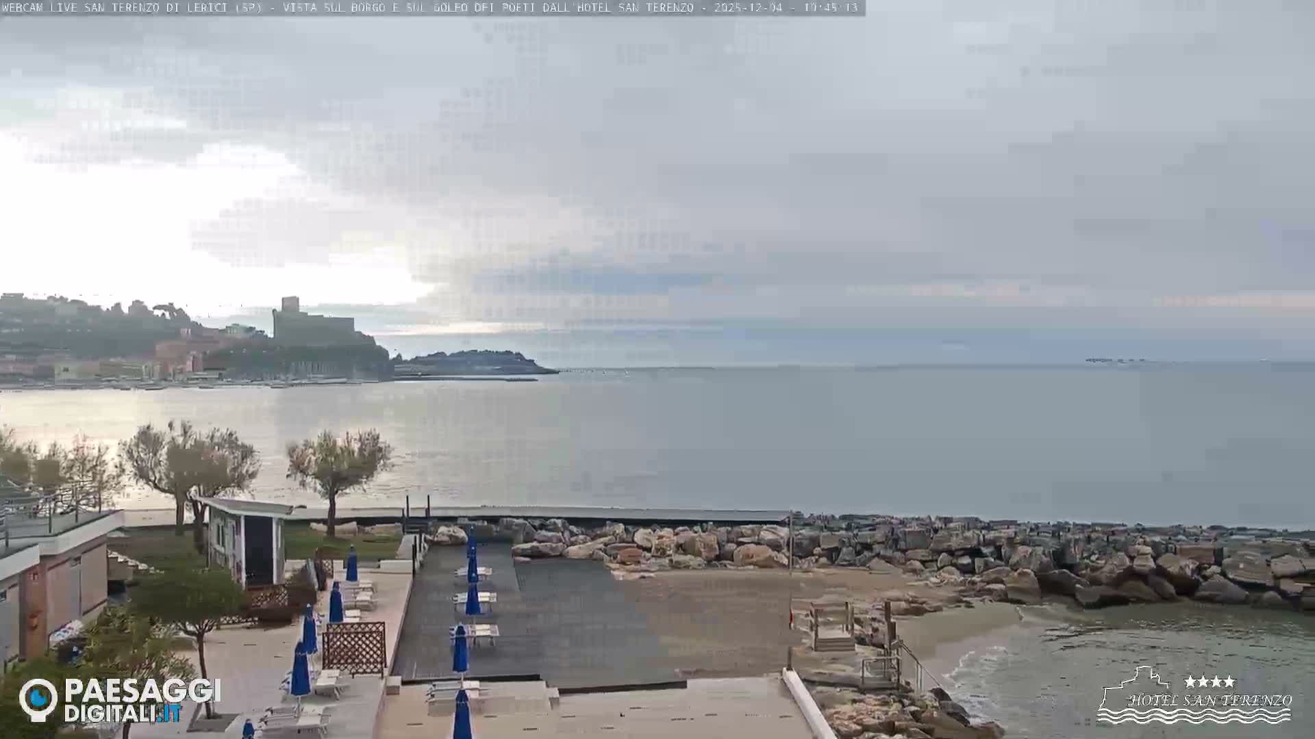 A calm, overcast day overlooks a bay with a historic town and prominent castle on the left shore, a private beach area with empty lounge chairs and closed blue umbrellas in the foreground, and a rocky breakwater leading into the gentle water.