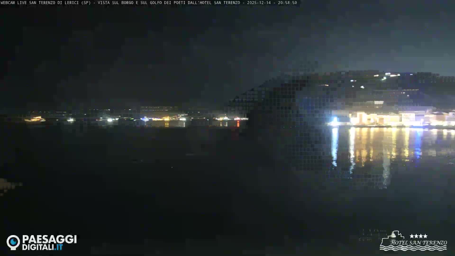 A calm, overcast day overlooks a bay with a historic town and prominent castle on the left shore, a private beach area with empty lounge chairs and closed blue umbrellas in the foreground, and a rocky breakwater leading into the gentle water.