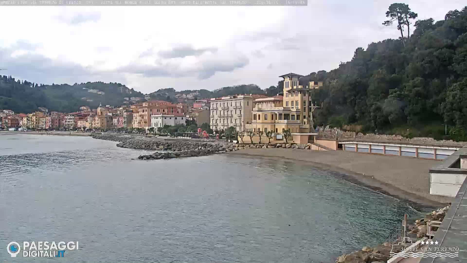 A calm, overcast day overlooks a bay with a historic town and prominent castle on the left shore, a private beach area with empty lounge chairs and closed blue umbrellas in the foreground, and a rocky breakwater leading into the gentle water.