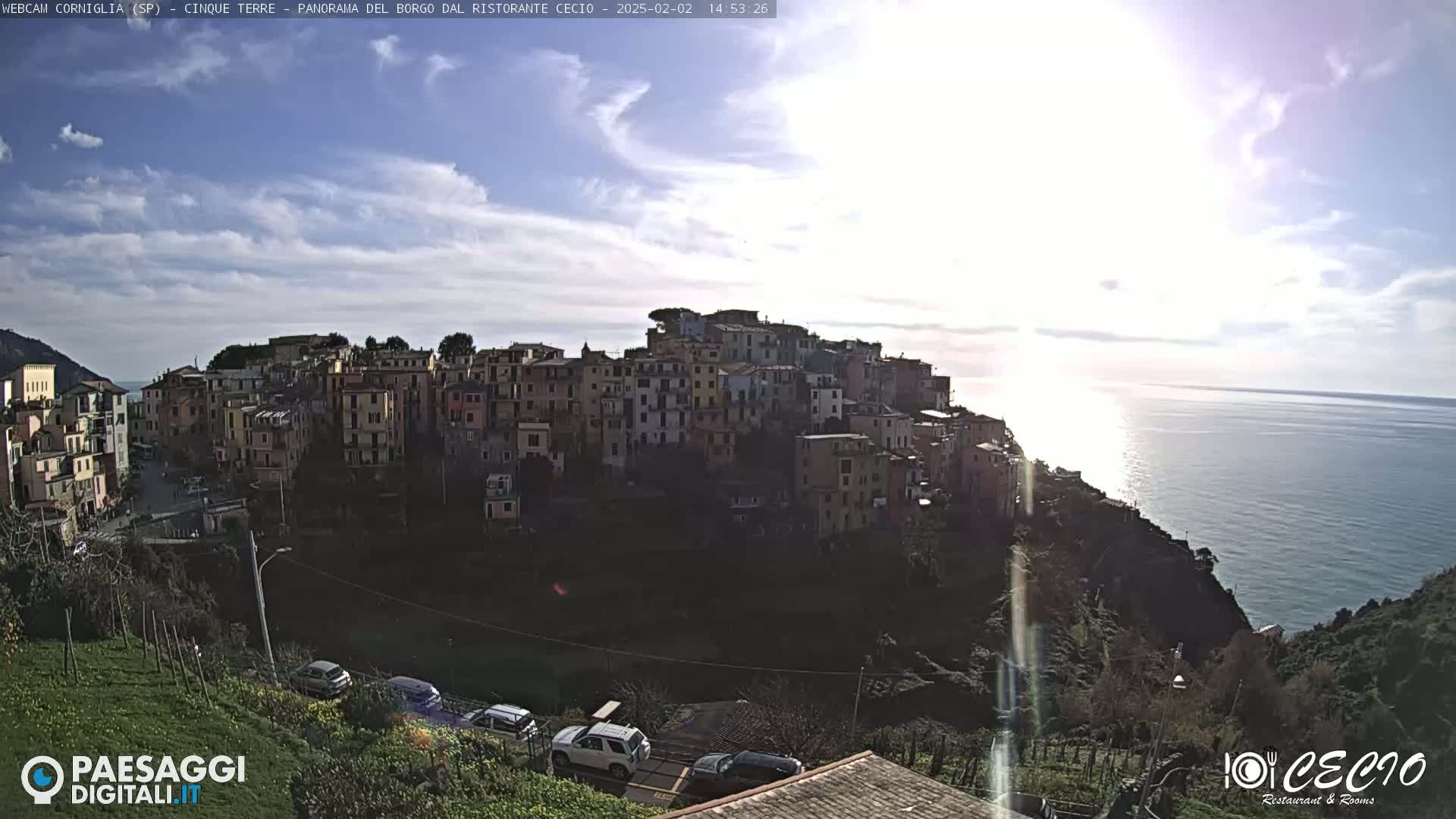 A hillside village of colorful buildings overlooks a calm sea under a partly cloudy sky.