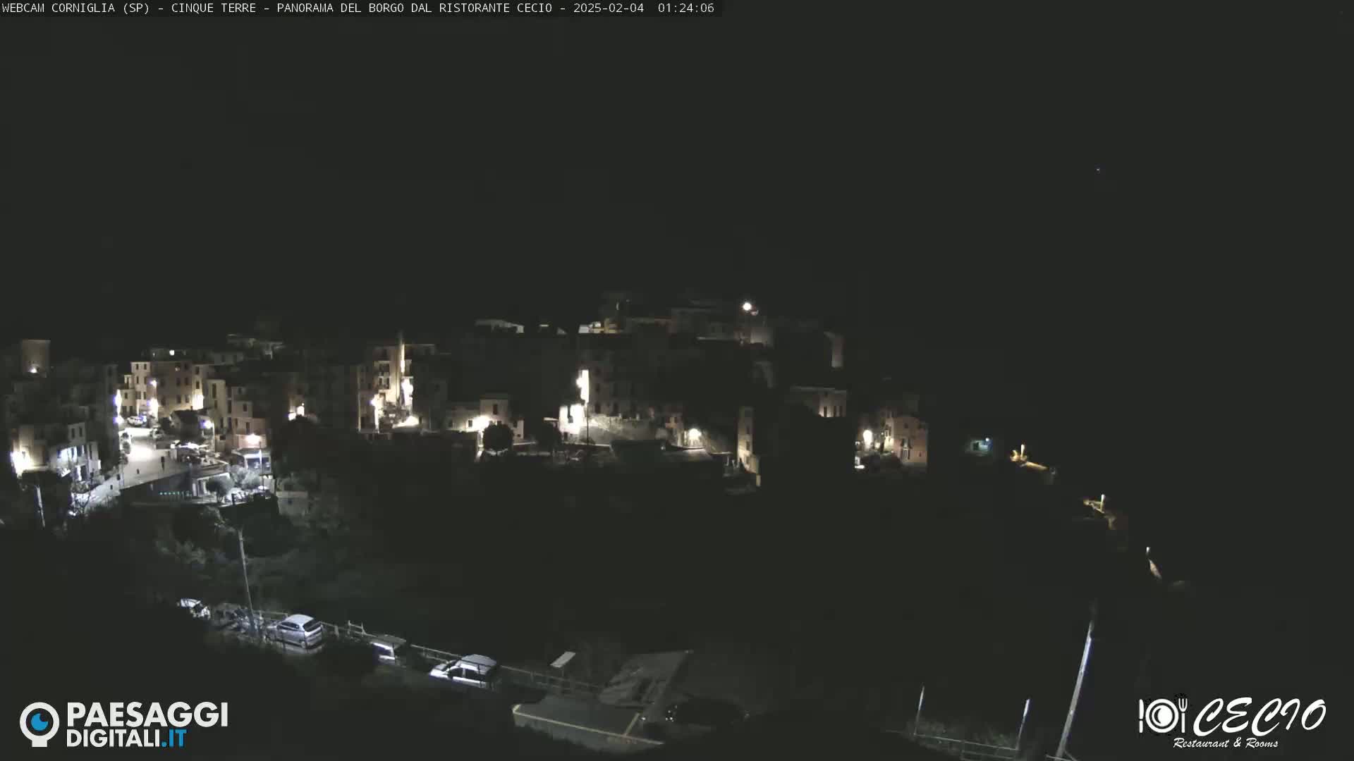 A nighttime, aerial view of a small, dimly lit village nestled on a hillside under a dark sky.
