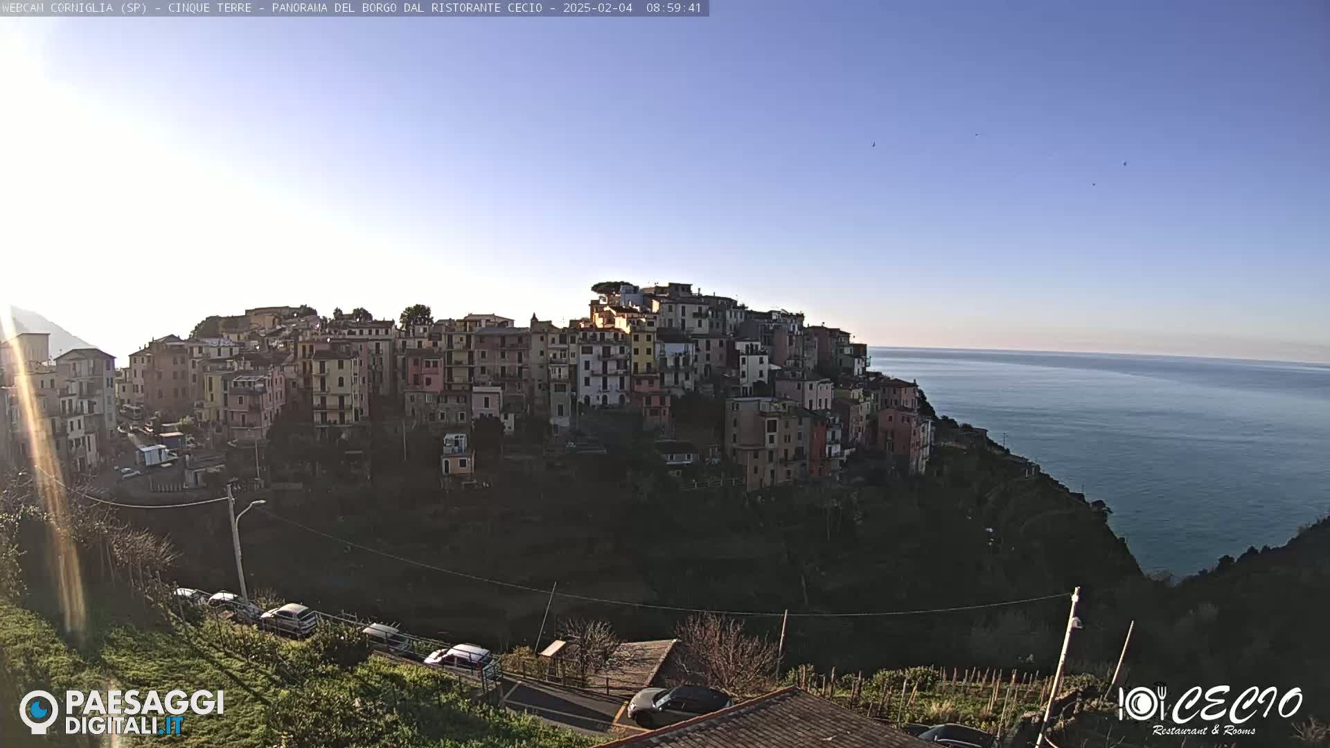 A colorful hillside village clings to a cliff overlooking a calm blue sea under a clear sky.