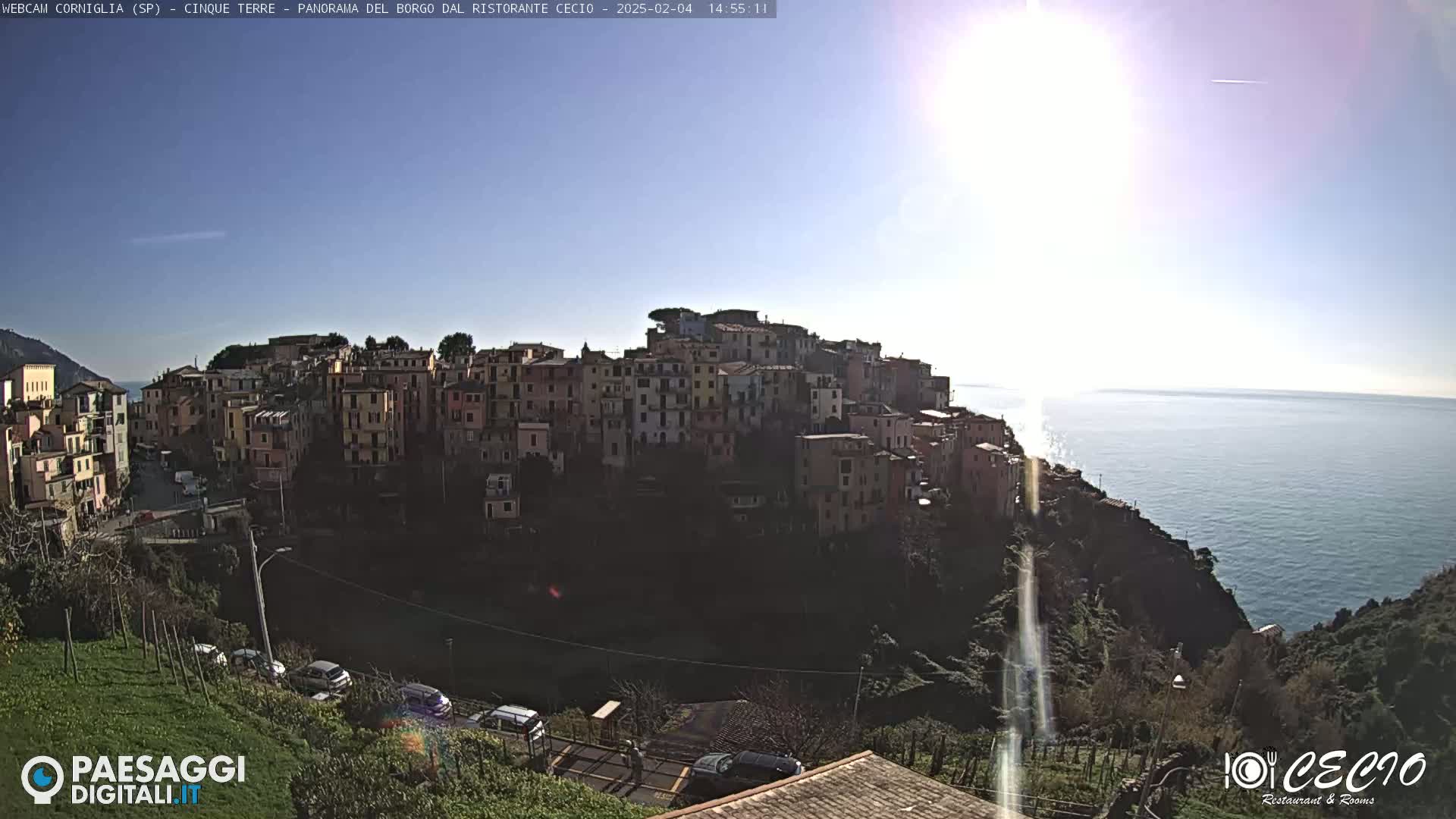 A sunlit coastal town nestled on a hillside overlooks a calm ocean under a clear blue sky.