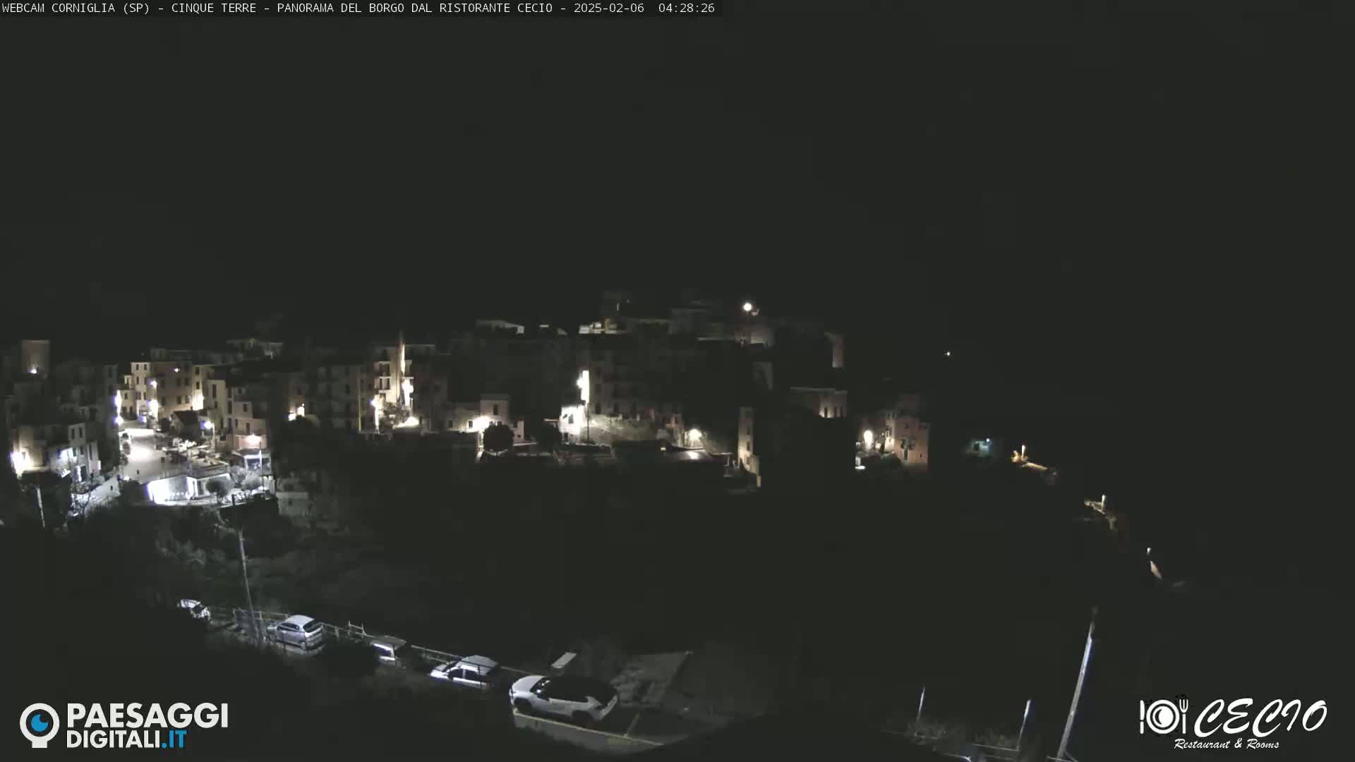 A nighttime, overhead view of a small, hillside town with dimly lit buildings and a few cars parked on a road below.