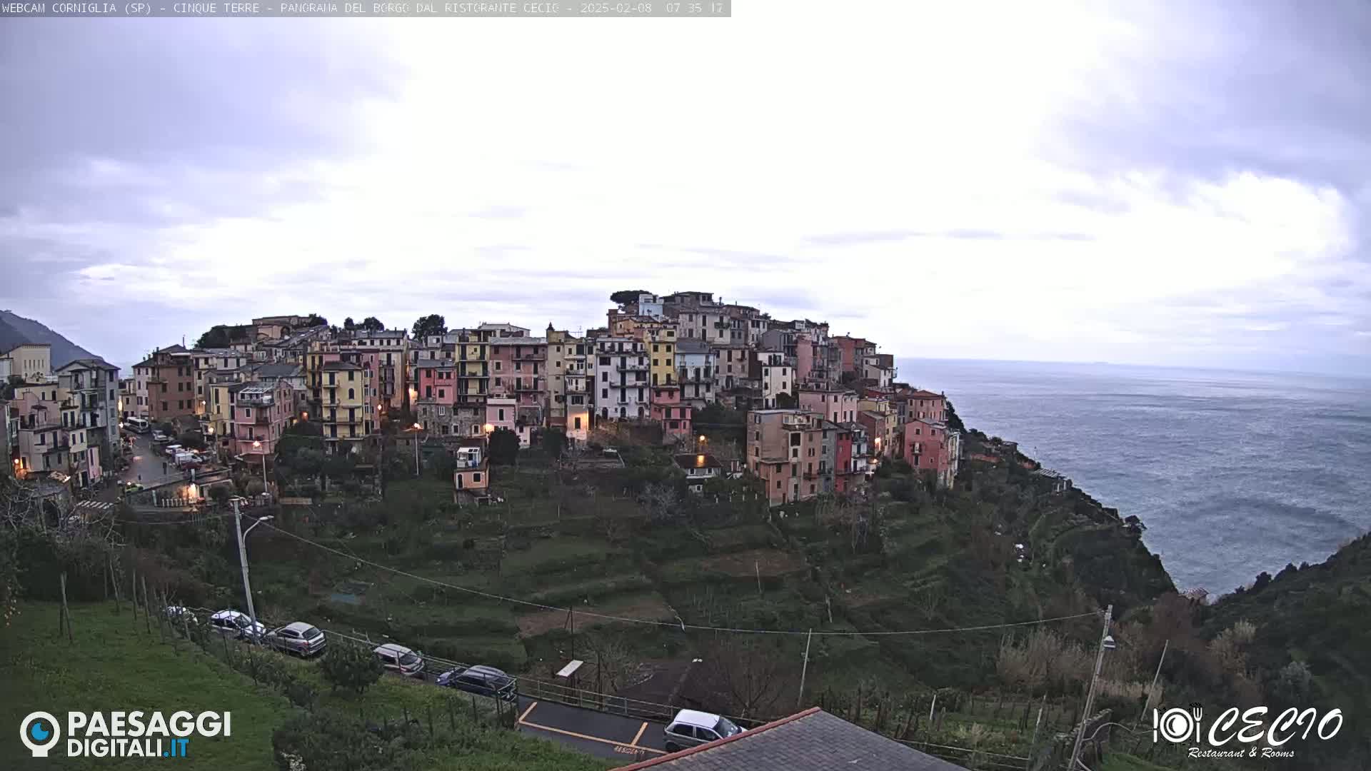 A coastal village of colorful buildings perched on a hillside overlooking a calm sea under an overcast sky.