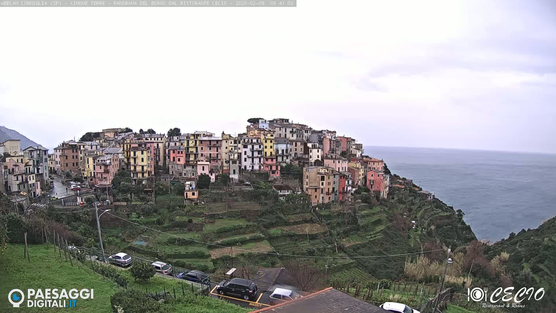 A colorful hillside village overlooks a calm ocean under an overcast sky.