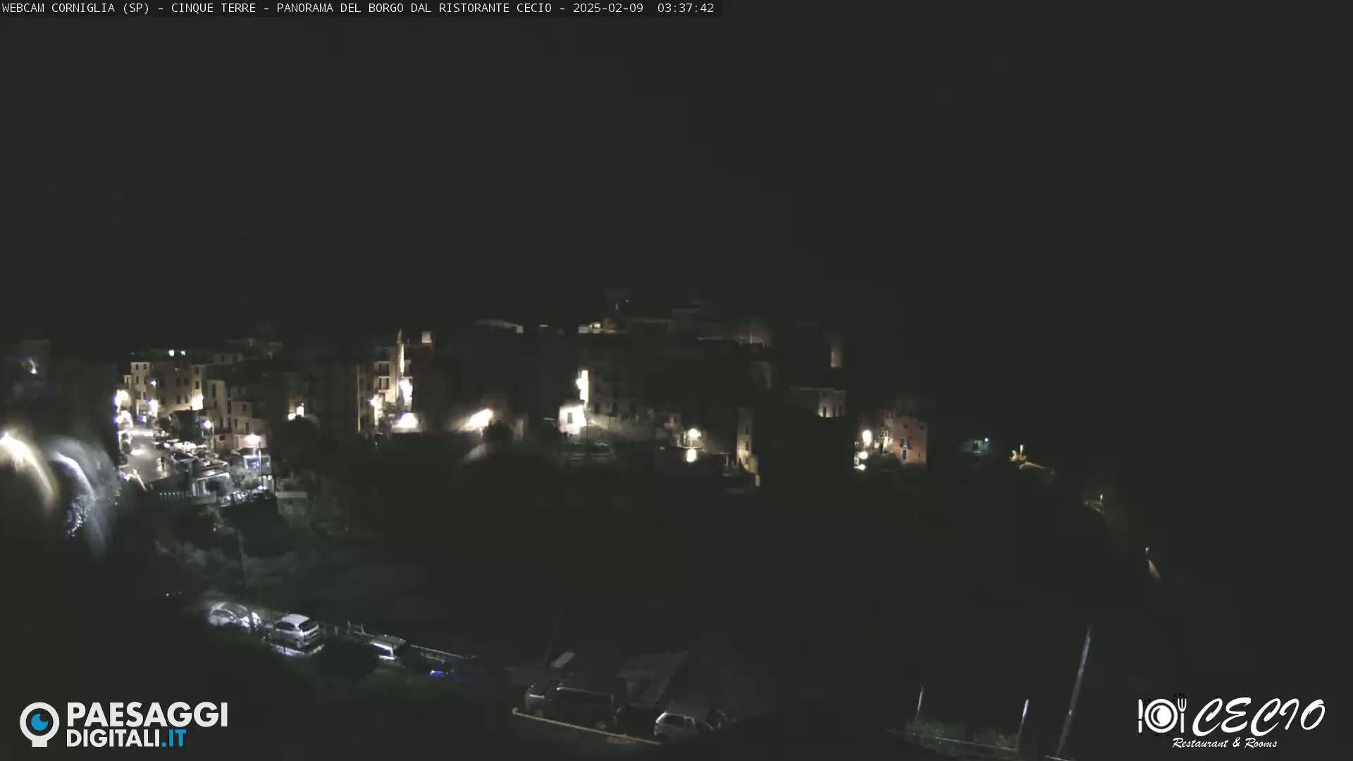 A nighttime, aerial view of a small, dimly lit town nestled in a dark landscape.