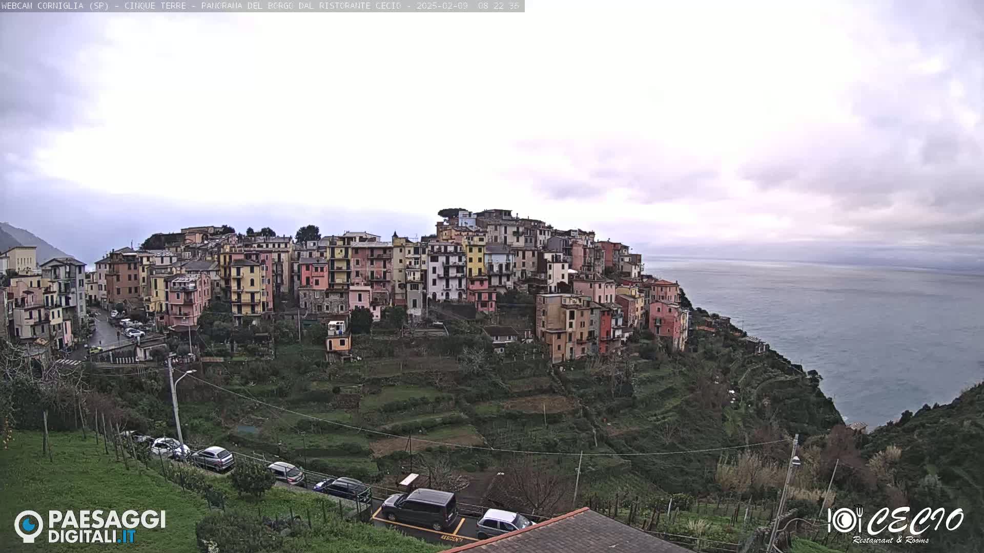 A hillside village of colorful buildings overlooks a calm sea under an overcast sky.
