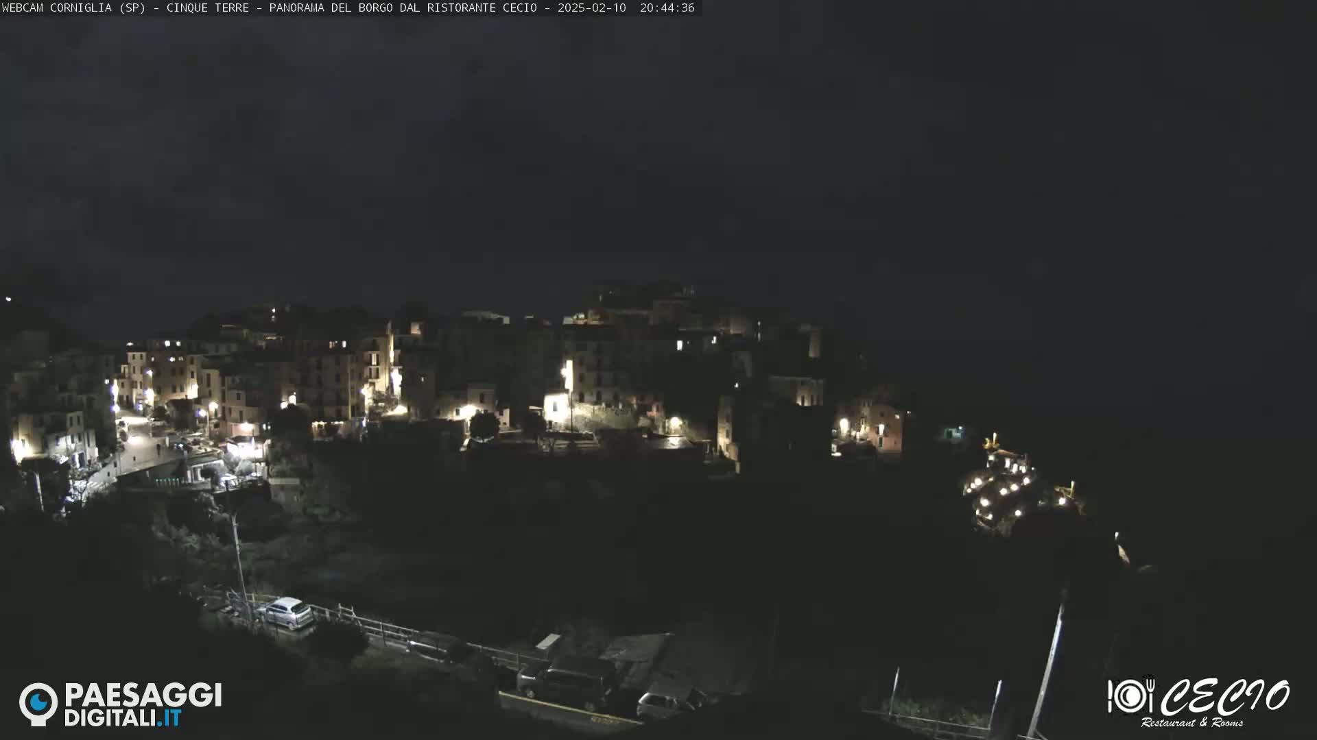 A nighttime view of a small, illuminated village nestled on a cliffside overlooking the dark ocean.