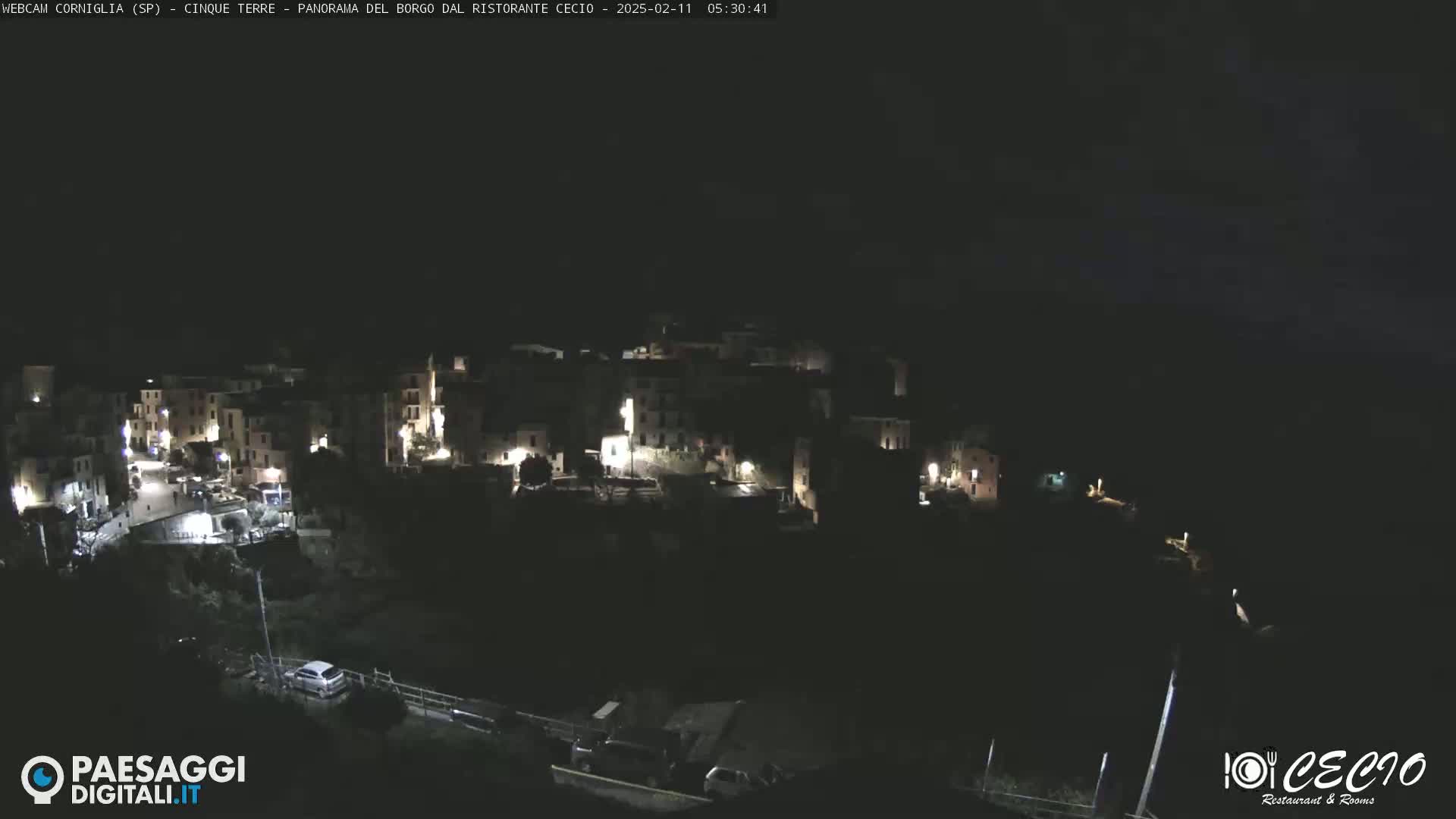 A nighttime, high-angle view shows a small, dark village with a few scattered lights.