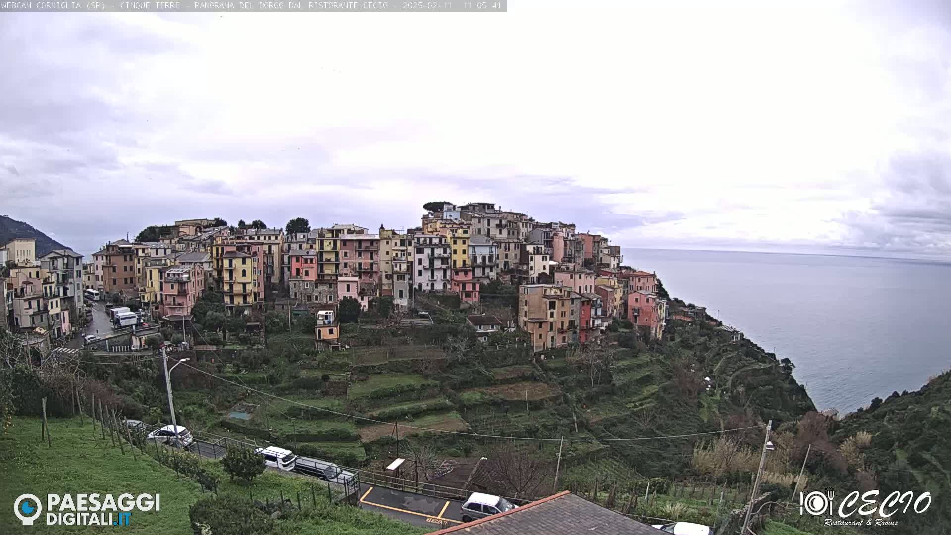 A hillside village of colorful buildings overlooks a calm sea under an overcast sky.