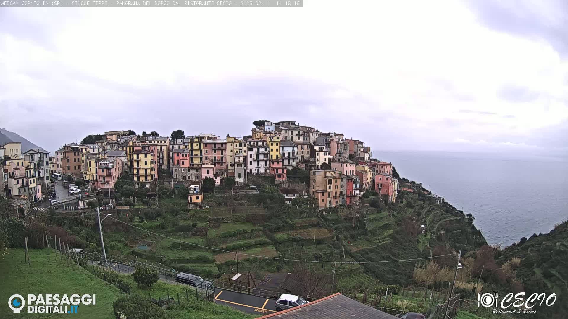 A coastal village of colorful buildings is perched on a hillside overlooking a calm sea under an overcast sky.