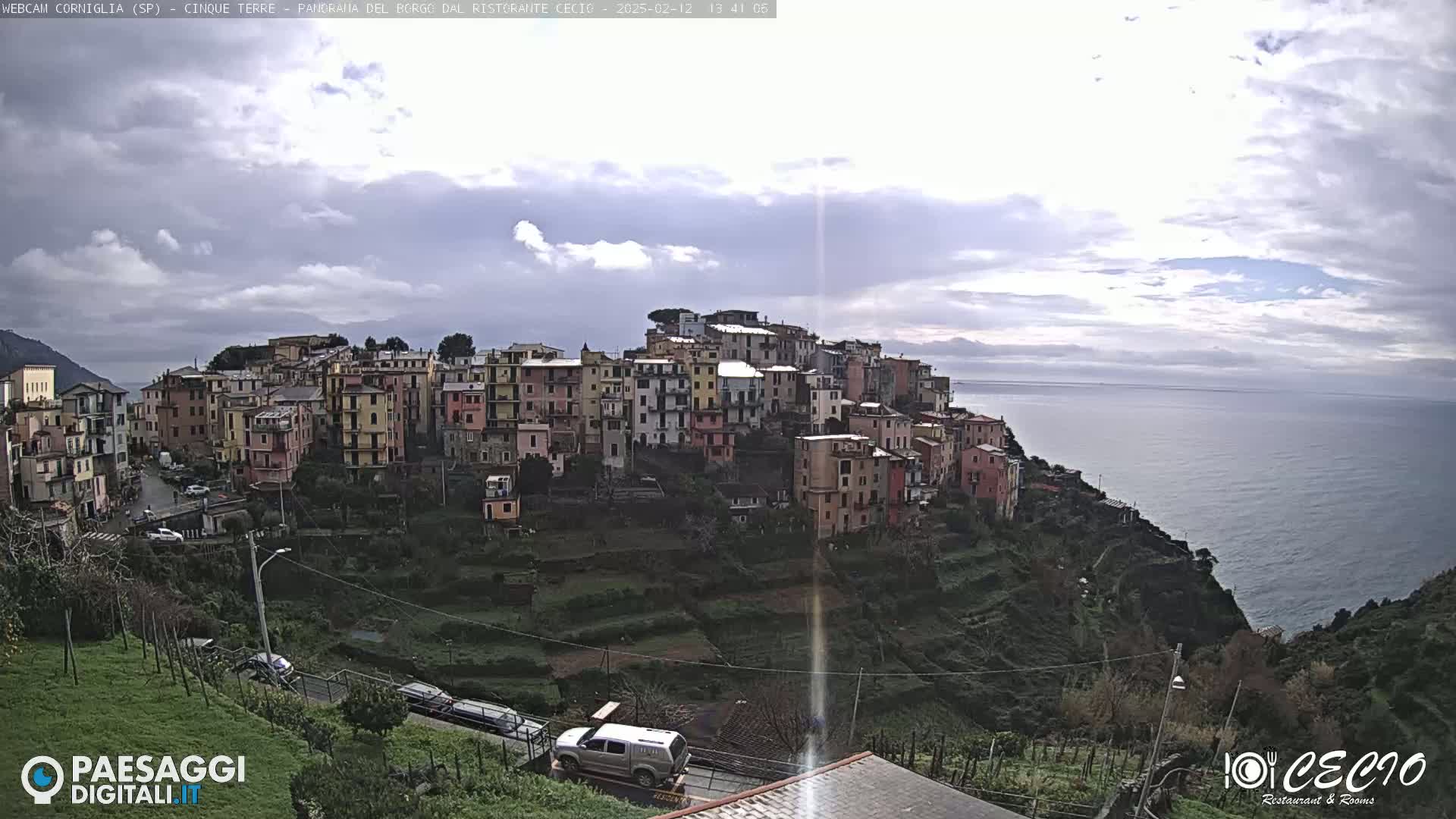 A coastal village of colorful buildings on a hillside overlooks a calm sea under a mostly cloudy sky.