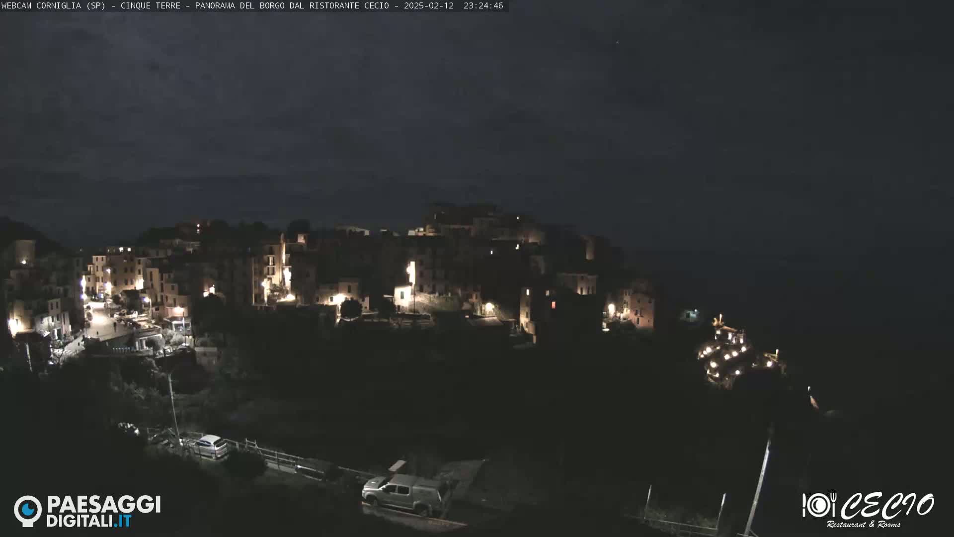 A nighttime view of a village illuminated by lights, situated on a hill overlooking a dark body of water under a clear night sky.