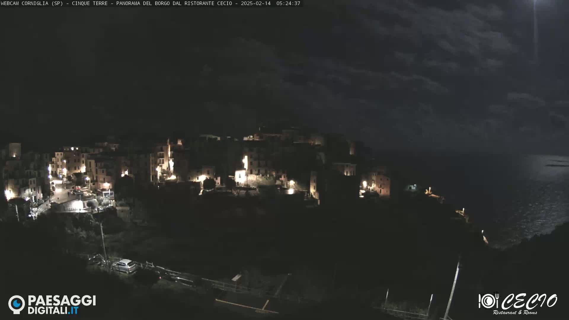 A nighttime, slightly cloudy view of a coastal town illuminated by streetlights, with the dark ocean visible in the background.