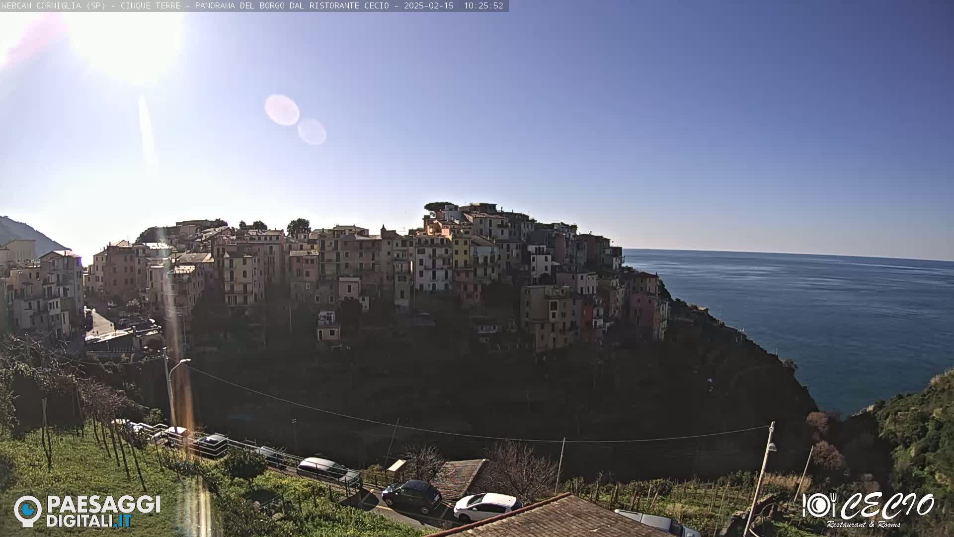 A colorful hillside village overlooks a calm blue sea under a clear, sunny sky.