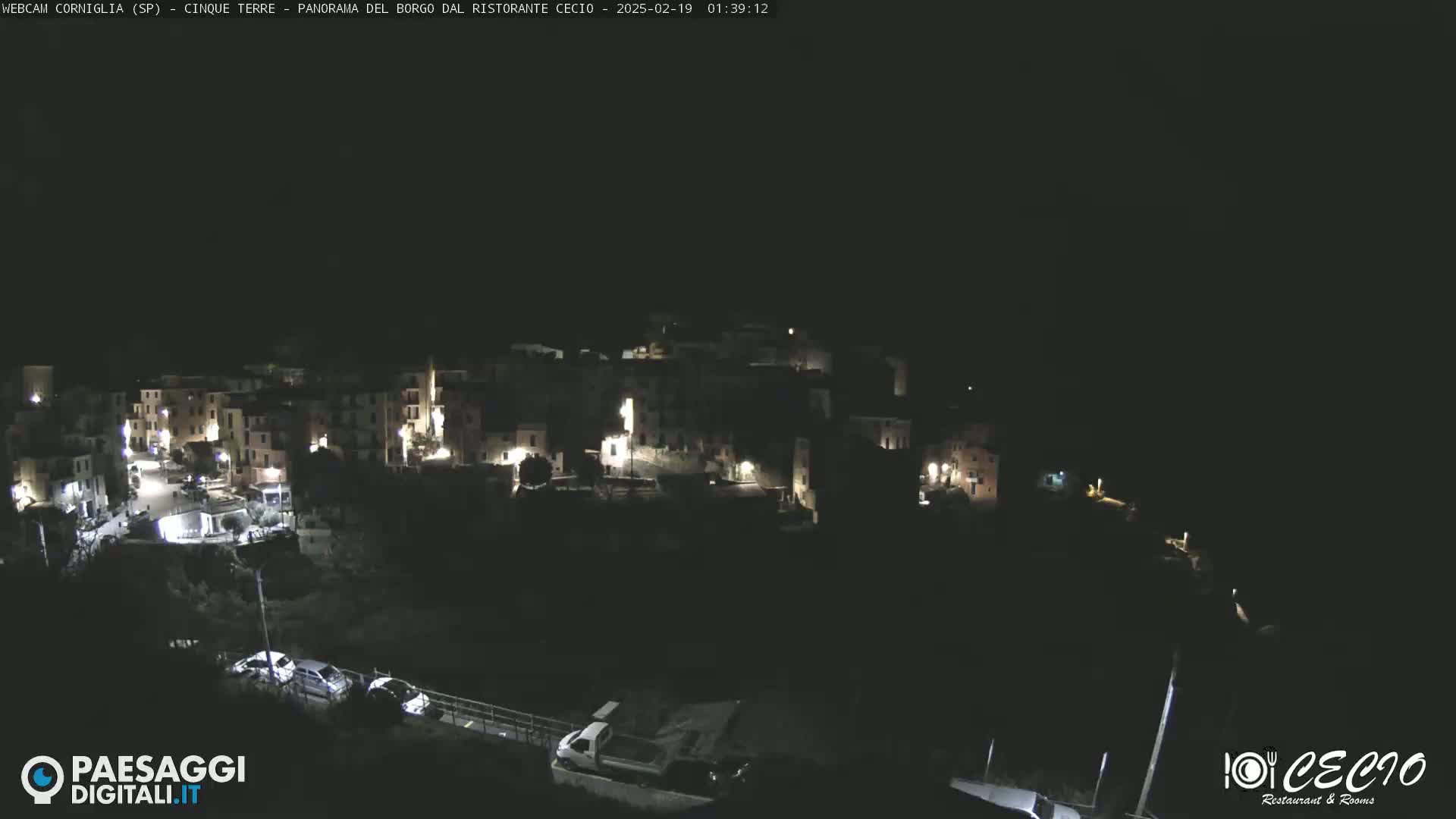 A nighttime, high-angle view of a small, hilly town with dimly lit buildings, a few cars visible on a road below.