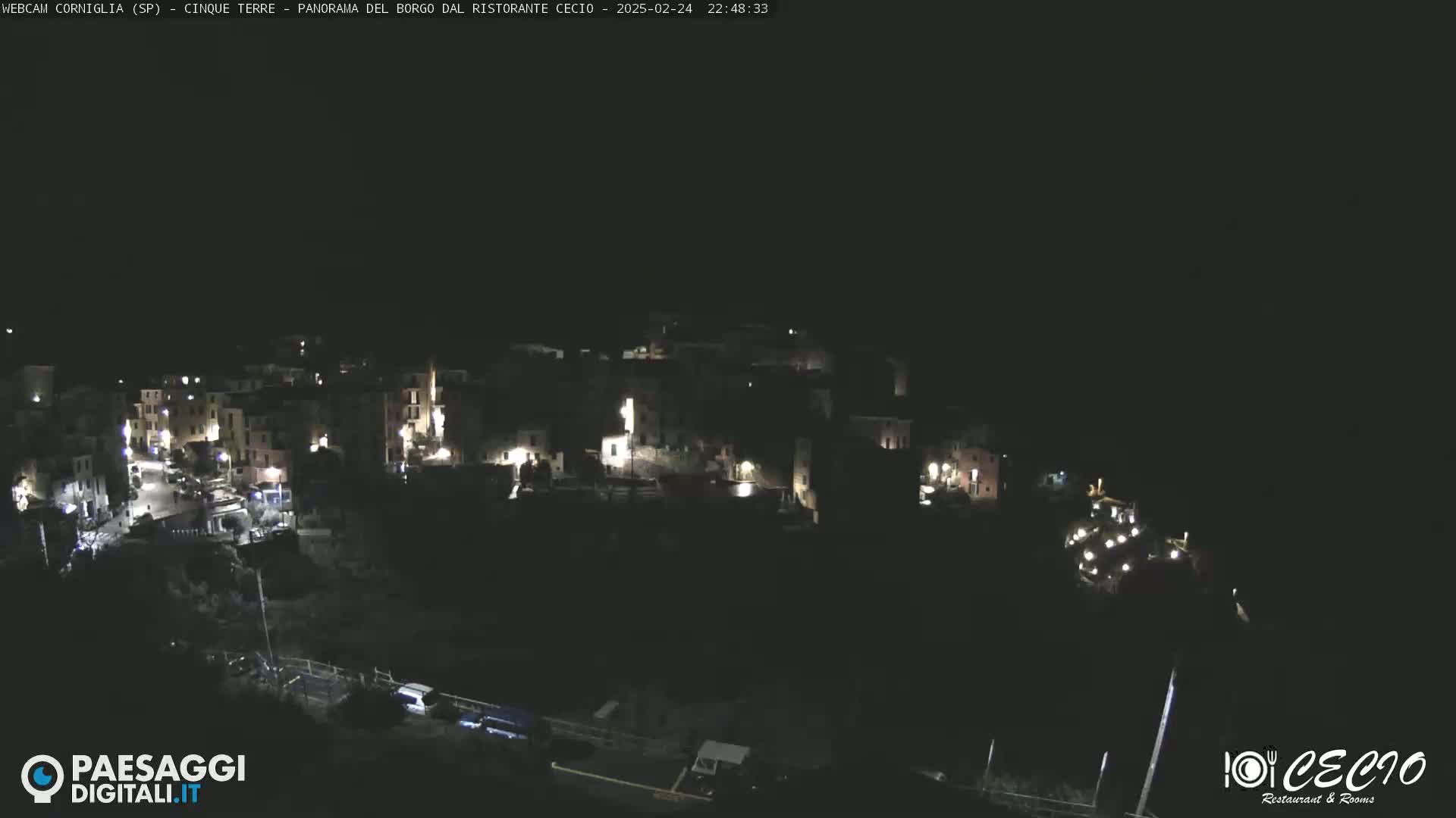 A small, dark village is illuminated by scattered lights at night.
