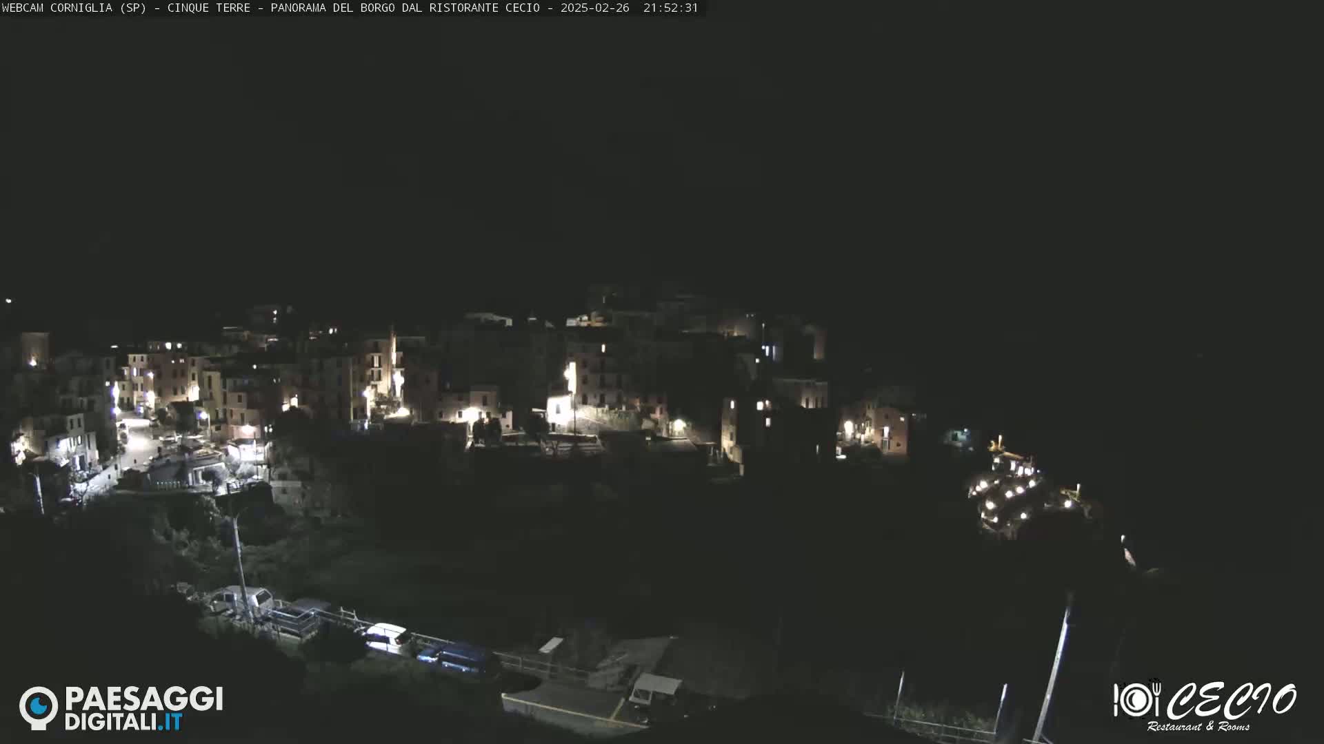 A nighttime, high-angle view of a small, hilly town with illuminated buildings.