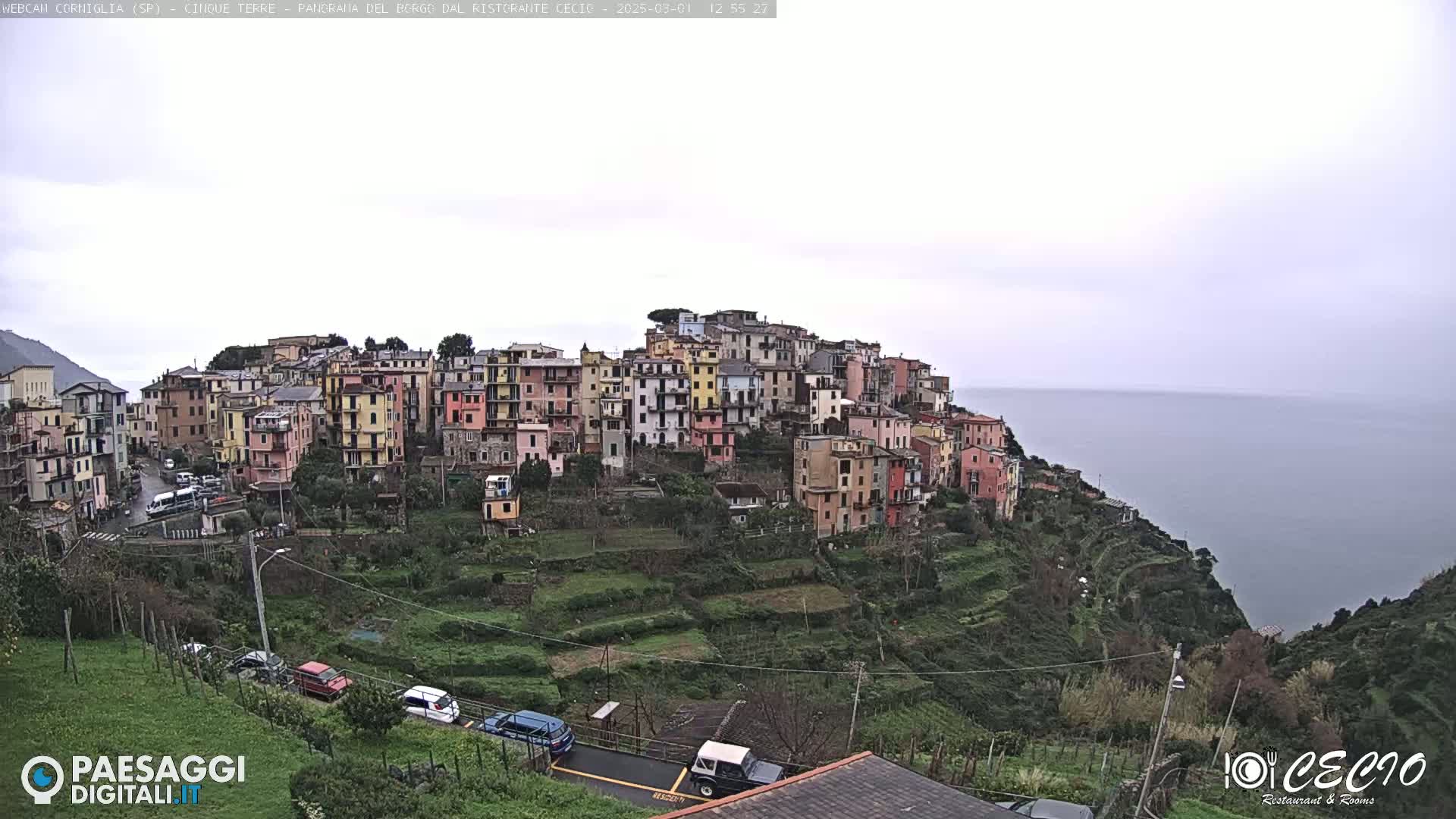 A colorful village of tiered buildings clings to a hillside overlooking a calm, gray sea under an overcast sky.