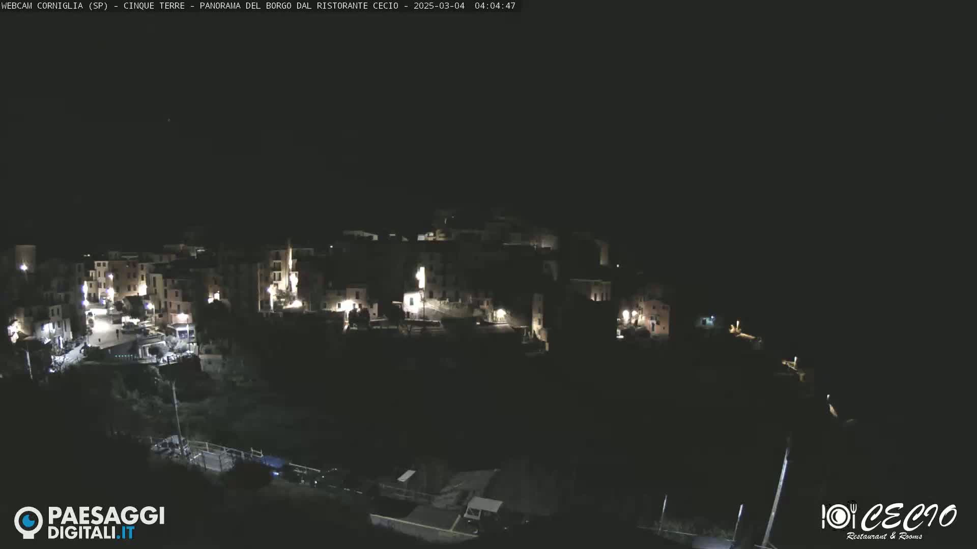 A nighttime, overhead view of a small, dark village with scattered lights illuminated against a completely dark sky.