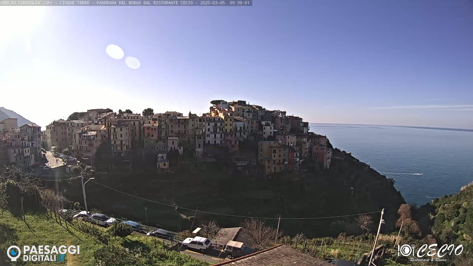 A coastal village of colorful buildings clings to a hillside overlooking a calm, blue sea under a clear, sunny sky.