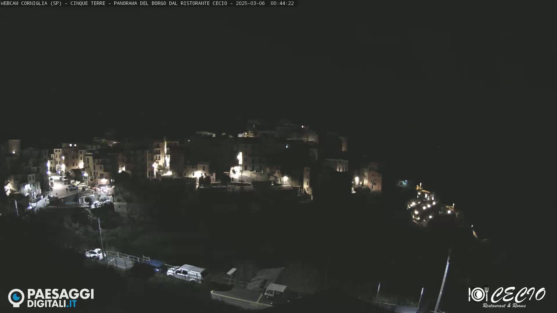 A small, illuminated village is nestled on a hillside at night.