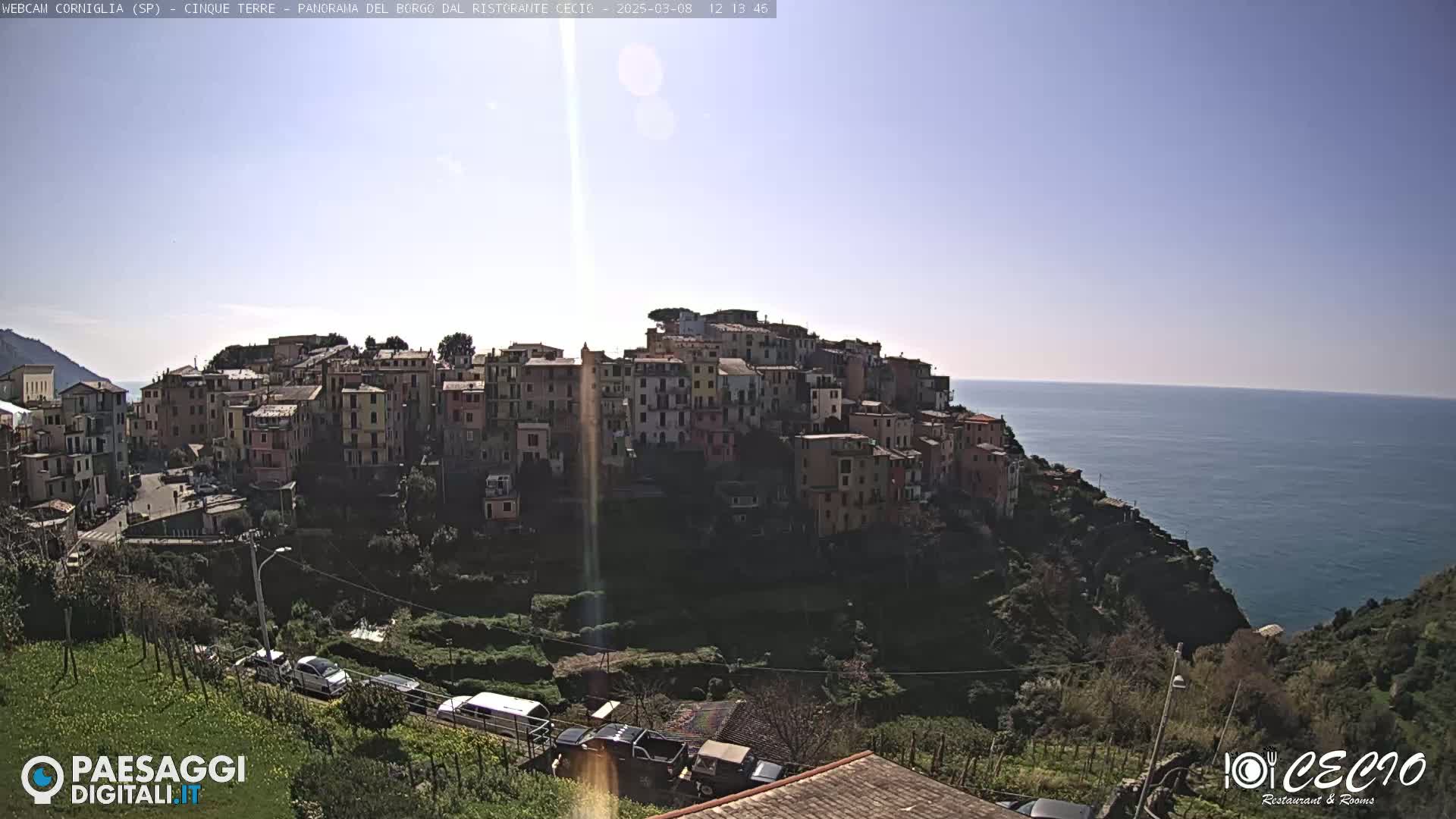 A coastal village of colorful buildings clings to a hillside overlooking a calm blue sea under a clear, sunny sky.