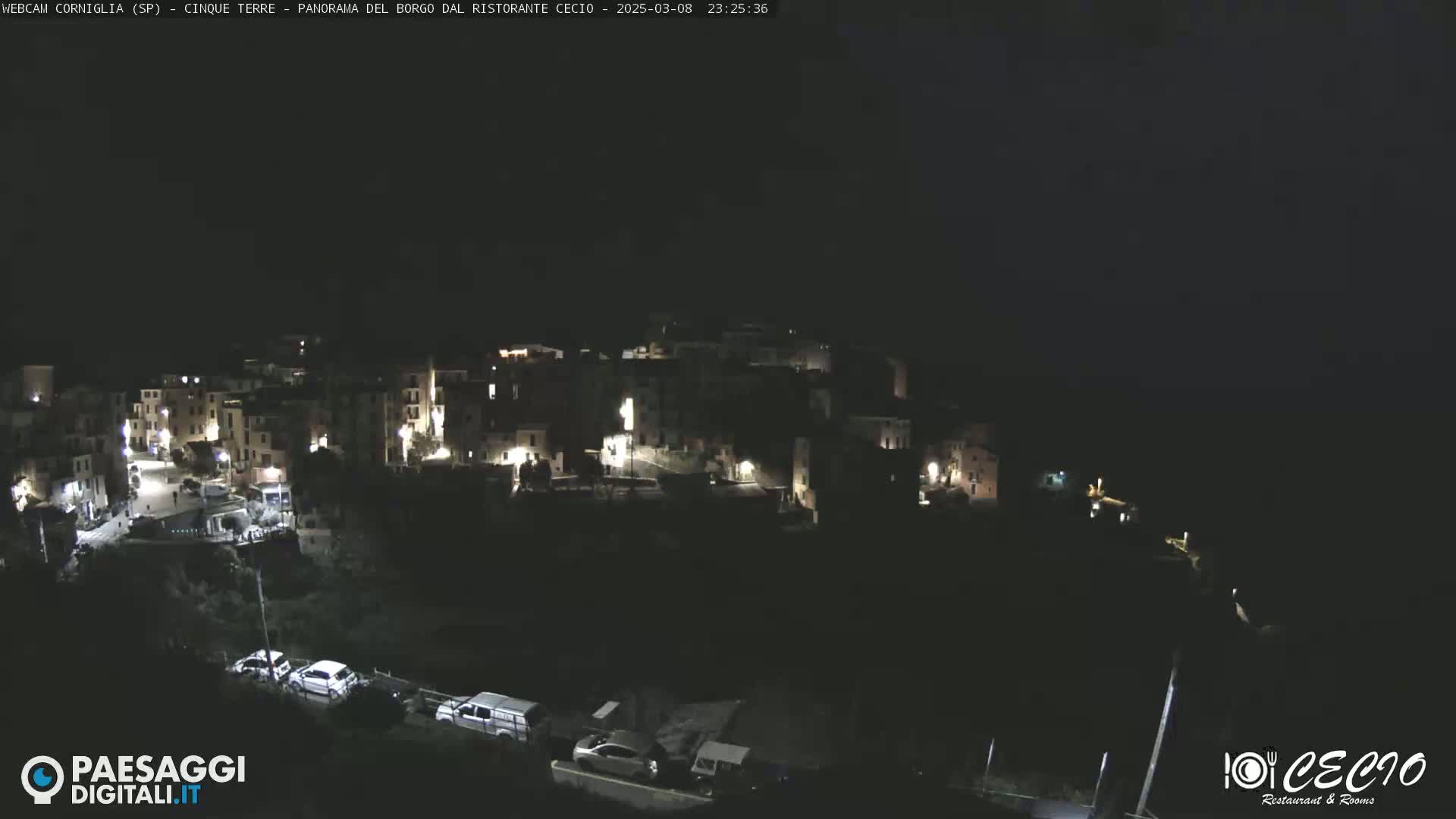A nighttime, high-angle view shows a small, dark village illuminated by scattered interior lights, with several vehicles parked on a road below.