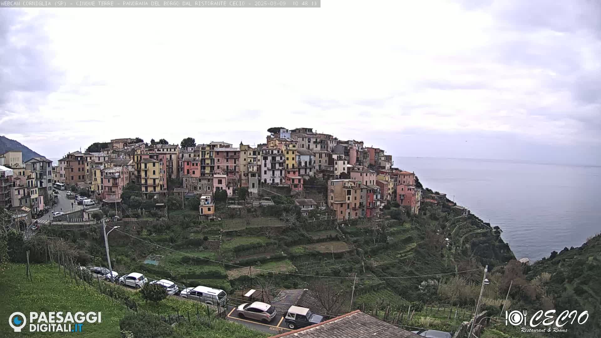 A colorful hillside village overlooks a calm sea under a cloudy sky.