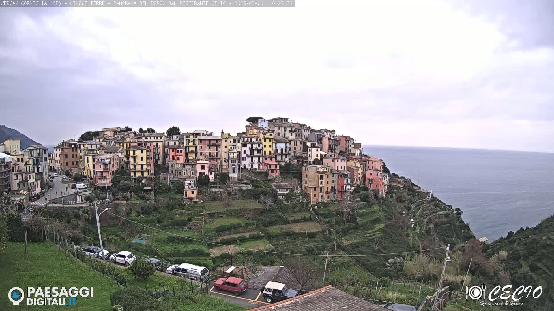 A colorful hillside village overlooks a calm, gray ocean under an overcast sky.