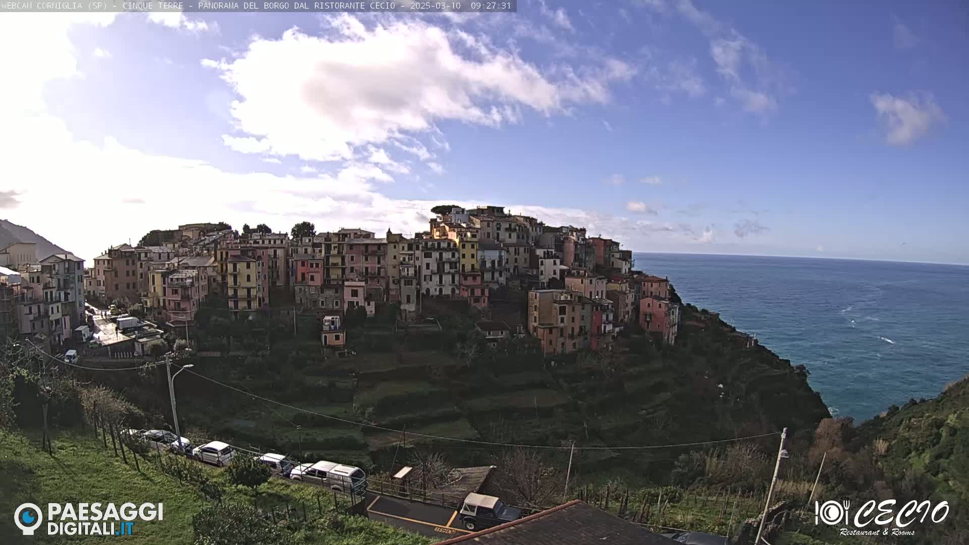 A colorful hillside village overlooks a calm ocean under a mostly clear, bright sky.
