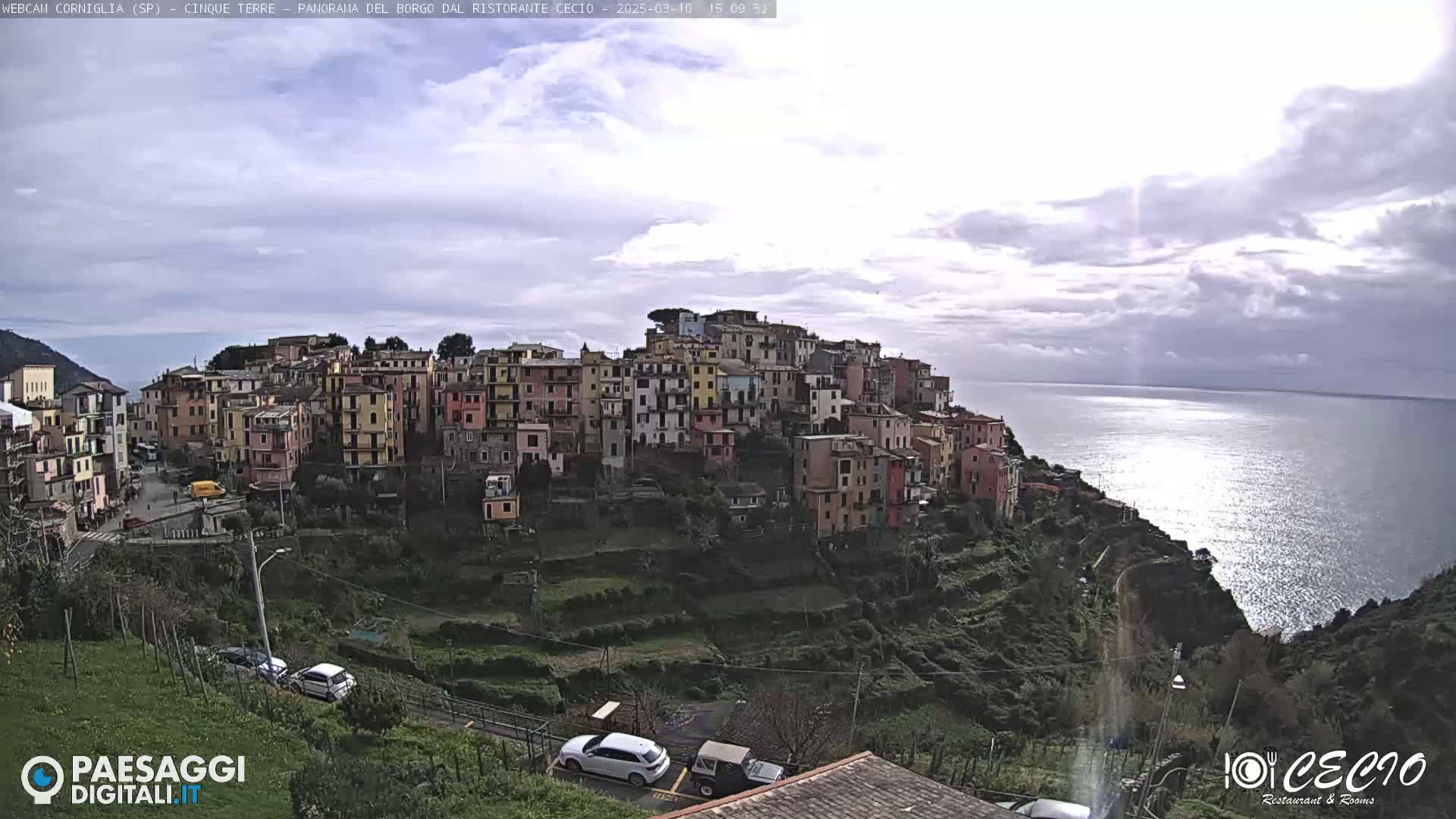 A hillside village of colorful buildings overlooks a calm sea under a partly cloudy sky.