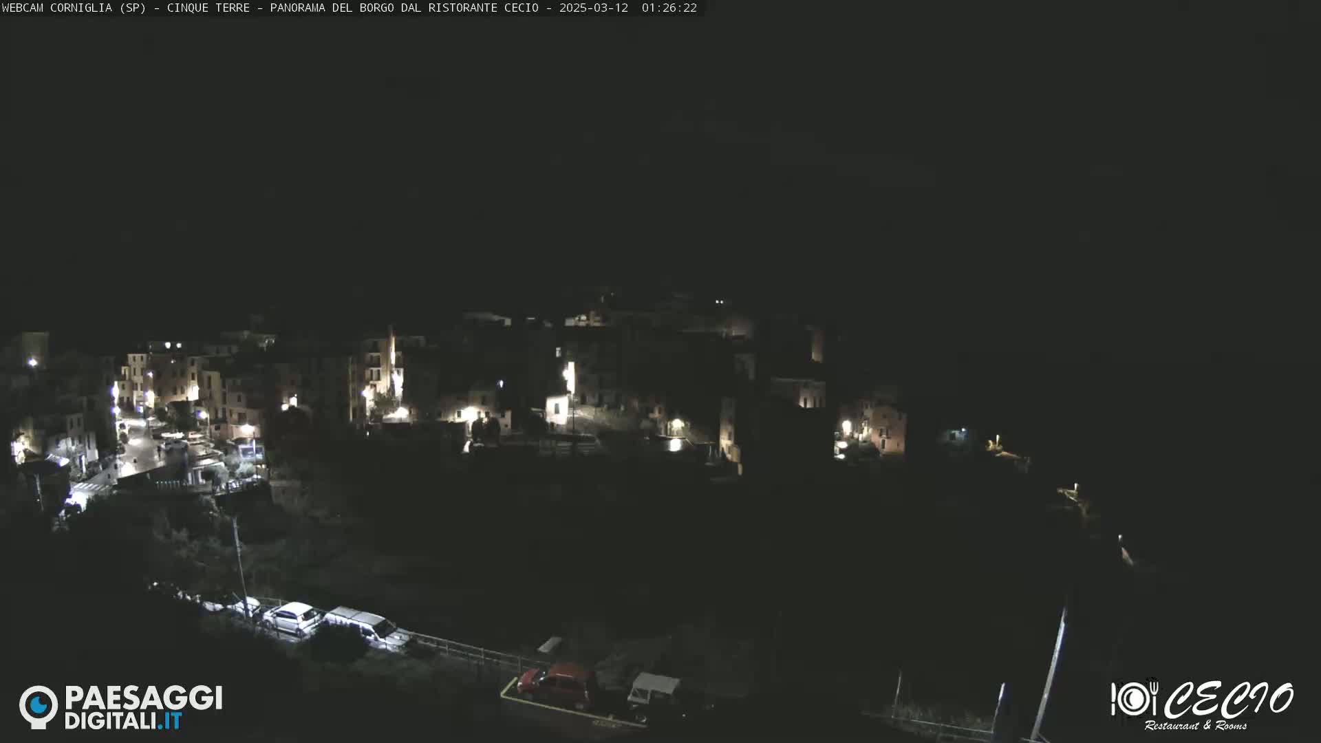 A nighttime, high-angle view shows a small, dark village with scattered lights, a few cars parked below, and a dark sky.