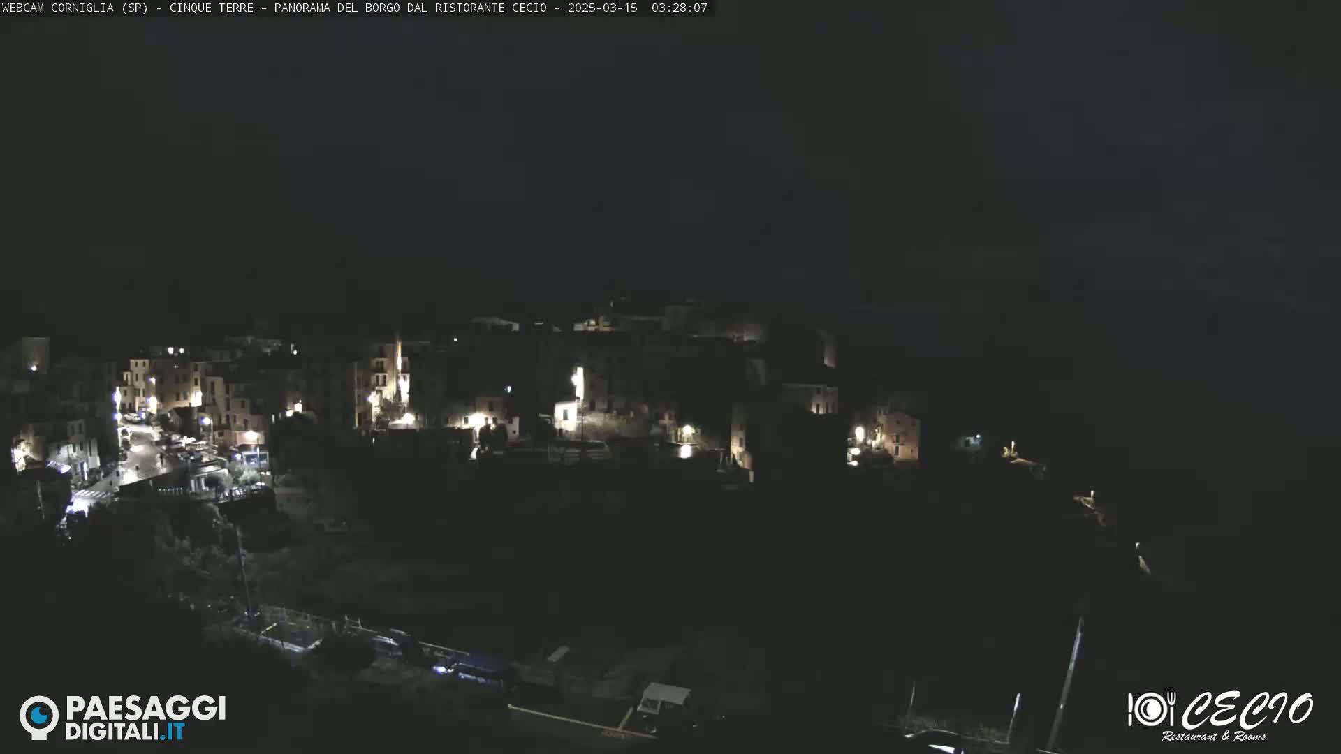 A nighttime, high-angle view shows a small, dark village with sparsely lit buildings.