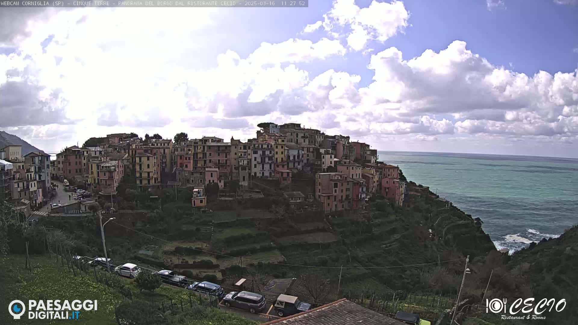 A picturesque coastal village with colorful buildings clings to a hillside overlooking a teal sea under a partly cloudy sky.