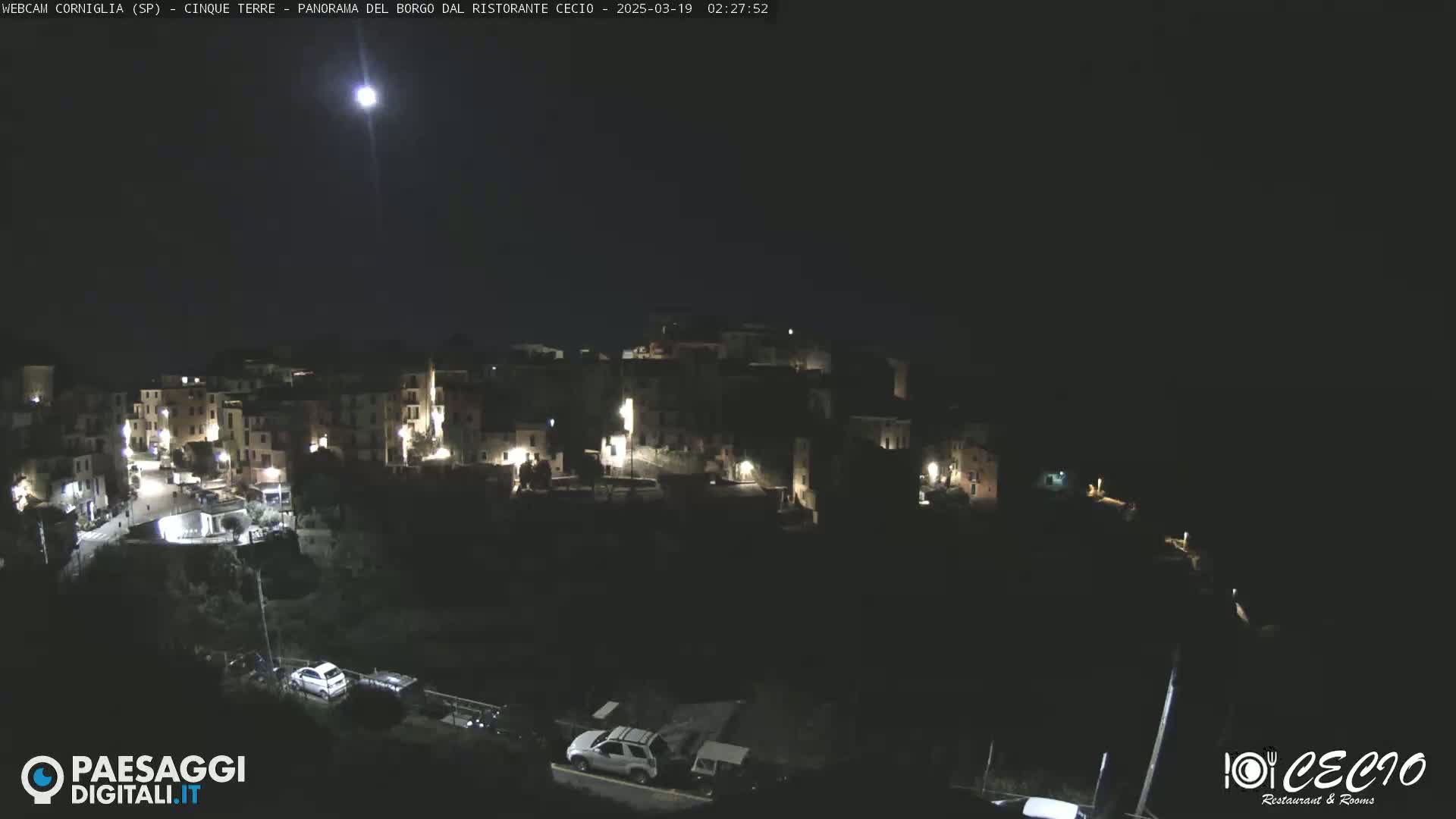 A nighttime view of a small, illuminated village nestled on a hillside under a bright moon.
