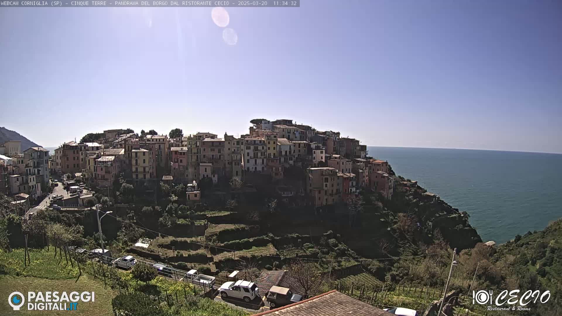 A colorful hillside village overlooks a calm blue sea under a clear, sunny sky.