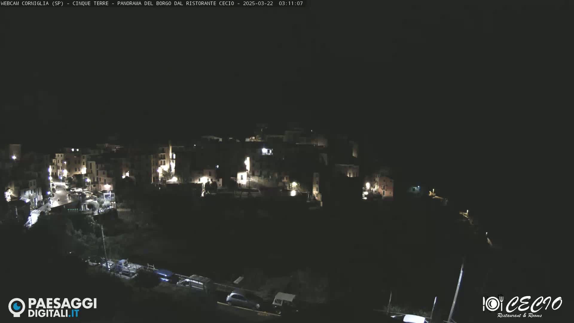 A nighttime, overhead view of a small, dimly lit town nestled on a hillside.