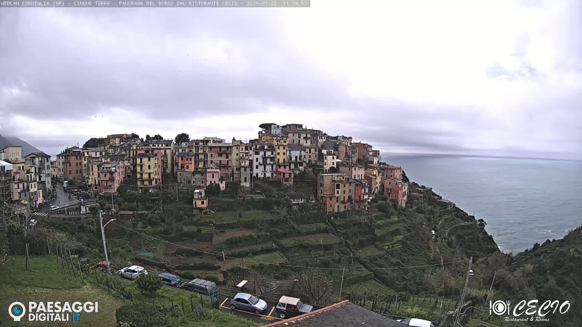 A colorful hillside village overlooks a calm ocean under an overcast sky.