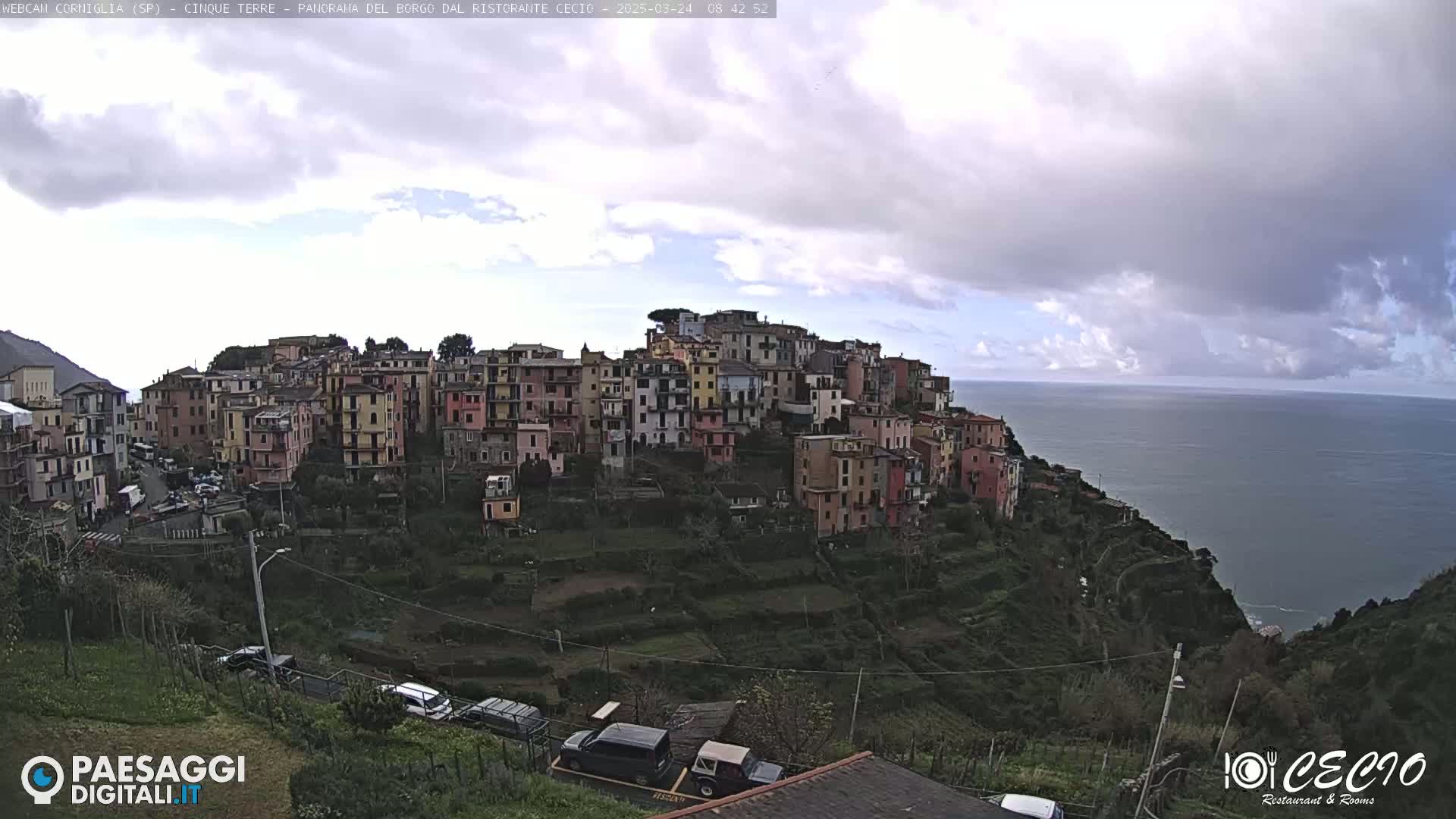 A coastal village of colorful buildings on a hillside overlooks a calm sea under a cloudy sky.