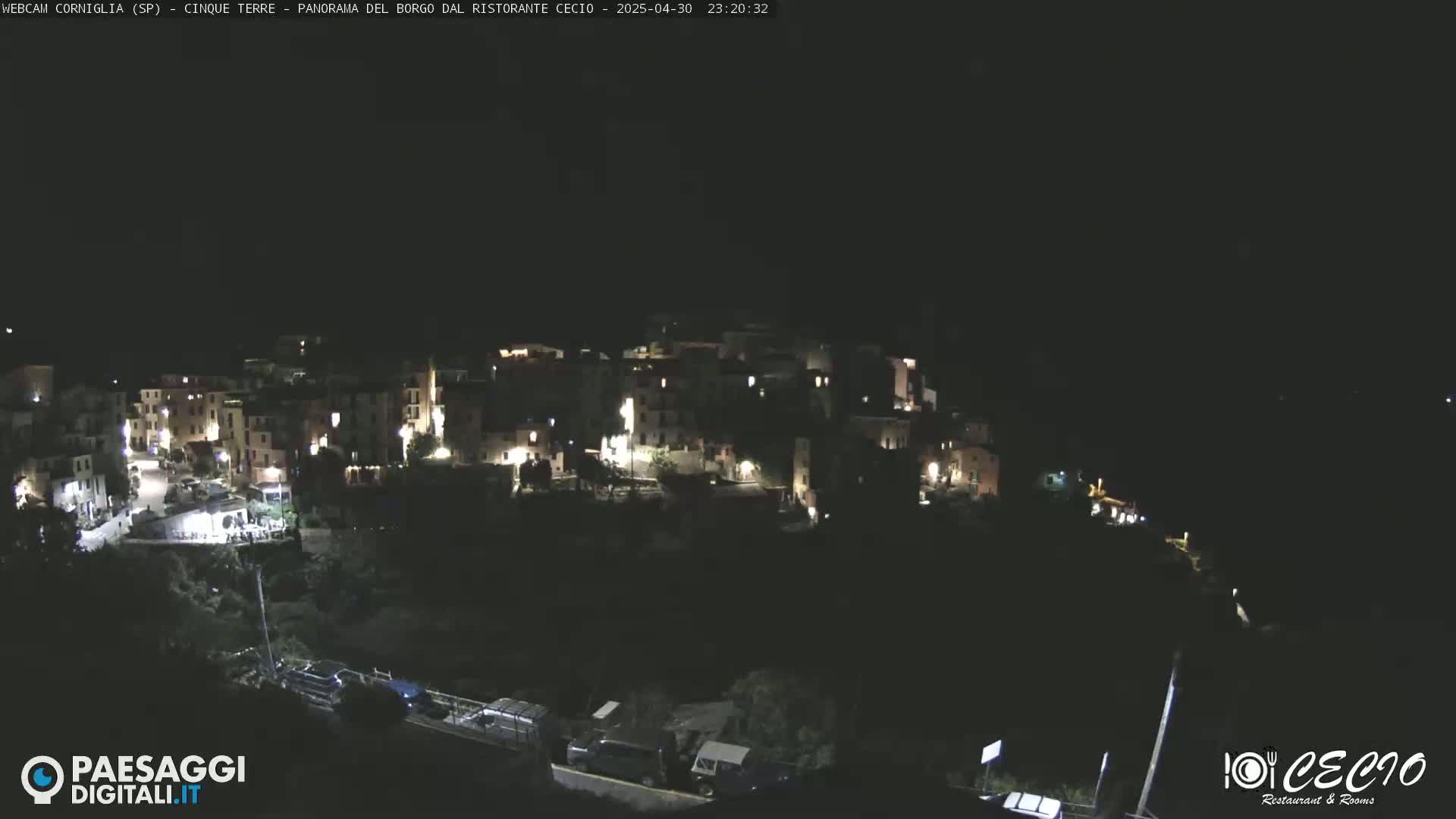 A nighttime, overhead view of a small, illuminated village nestled in a dark, hilly landscape.
