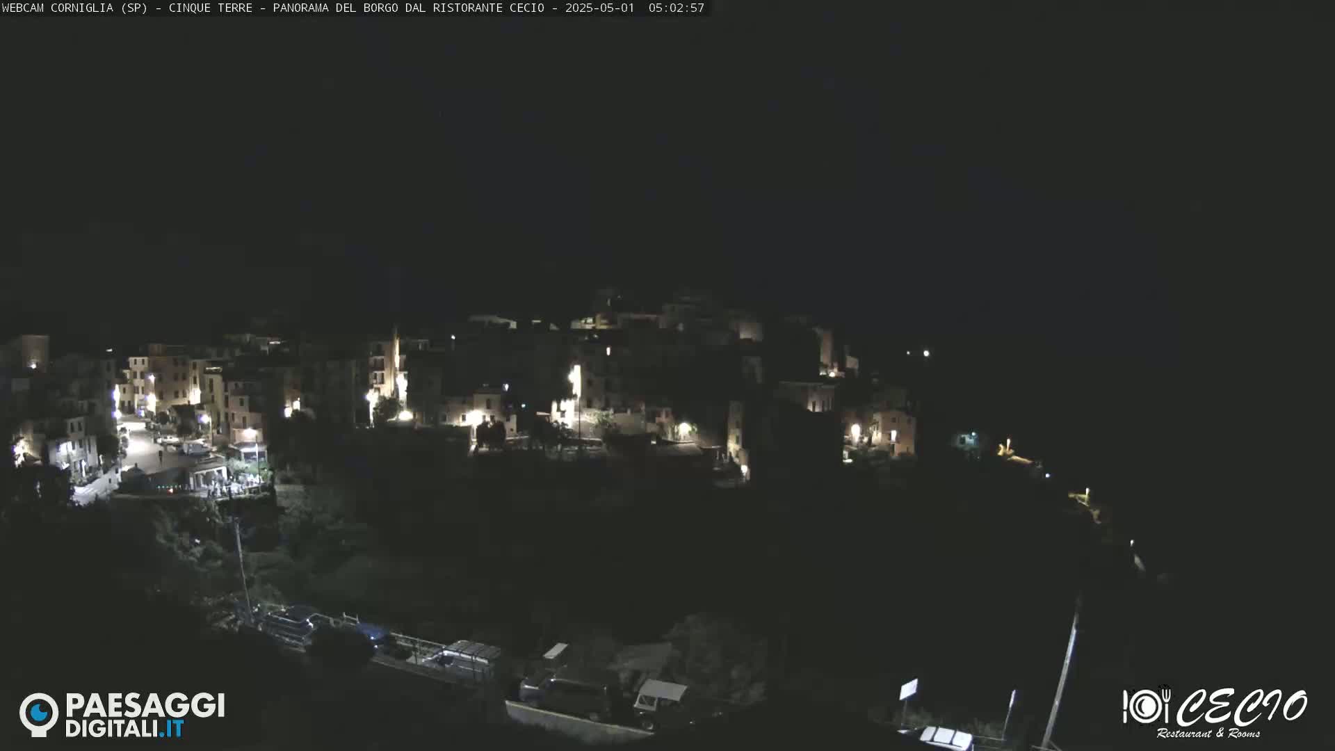 A dark, nighttime view of a small, hilly town with sparsely lit buildings.
