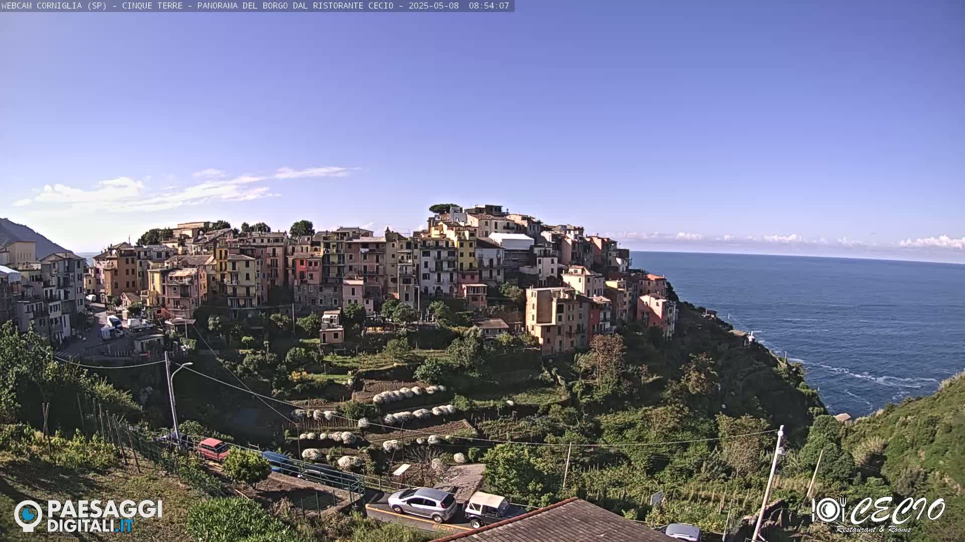 A colorful hillside village overlooks a calm ocean under a mostly clear blue sky.
